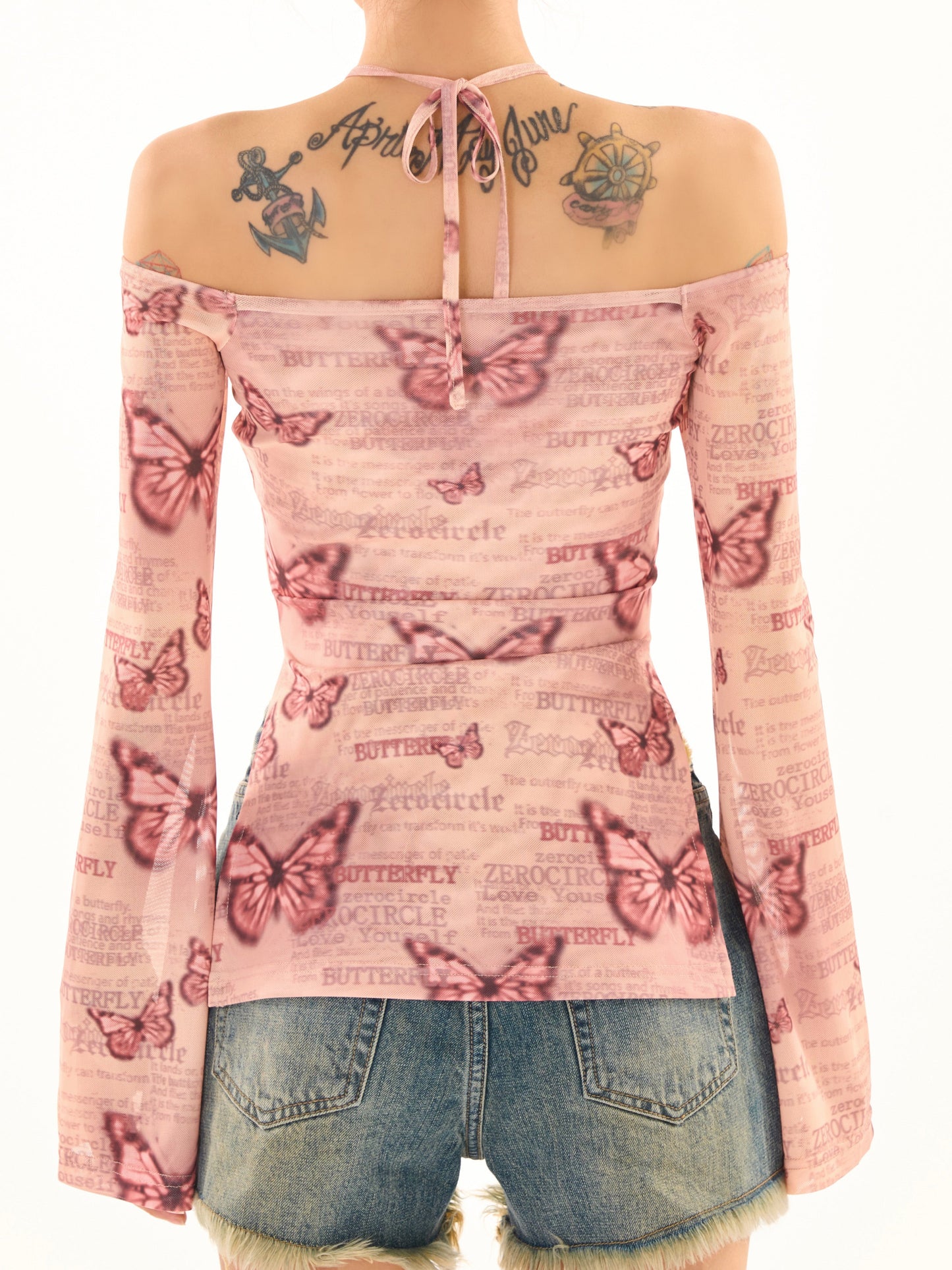 Antmvs Maribella Pink Butterfly Print Long Bell Sleeve Off-the-Shoulder Slim Cropped Top