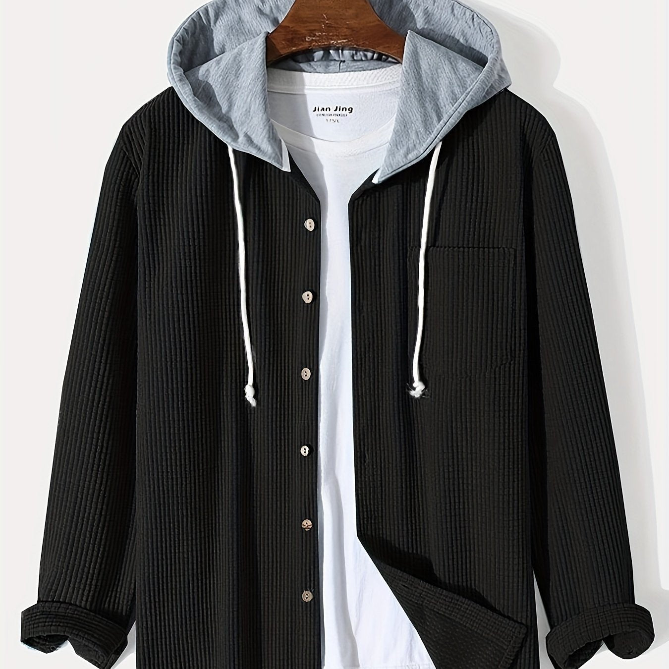 Antmvs Waffle Pattern Hoodie Shirt Coat For Men Long Sleeve Casual Regular Fit Button Up Hooded Shirts Jacket