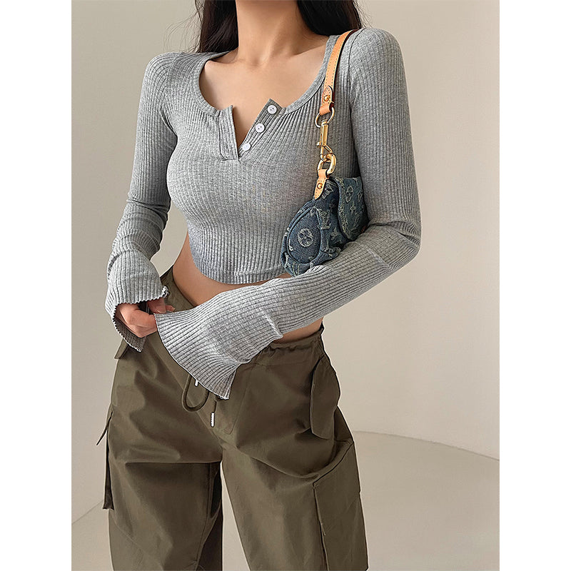 Antmvs Olivia Solid Color Button Up Long Sleeve Ribbed Slim Cropped Top