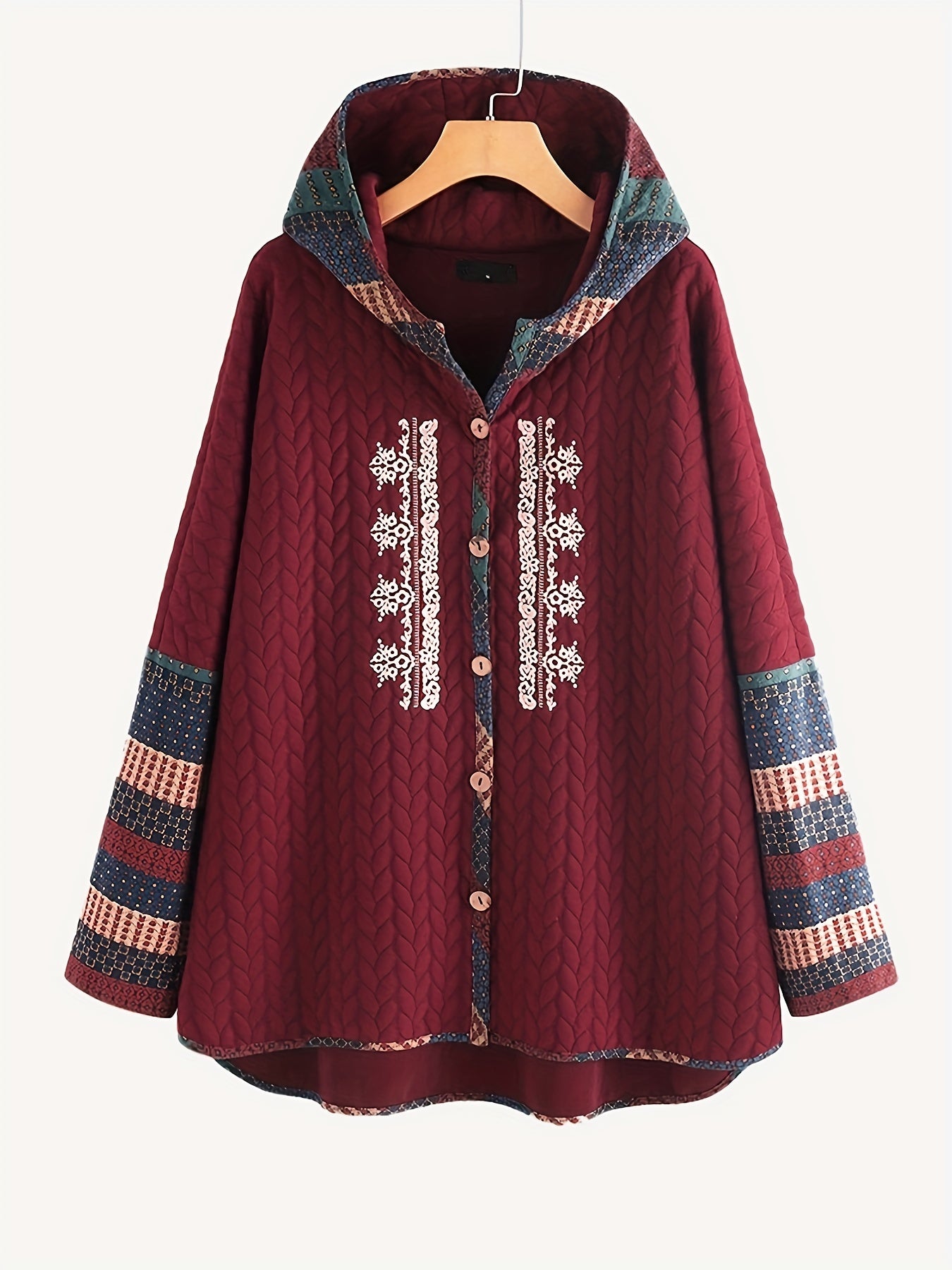Antmvs Plus Size Rib Knit Solid Hoodie Colorblock Coat, Women's Plus Slight Stretch Casual Winter Coat