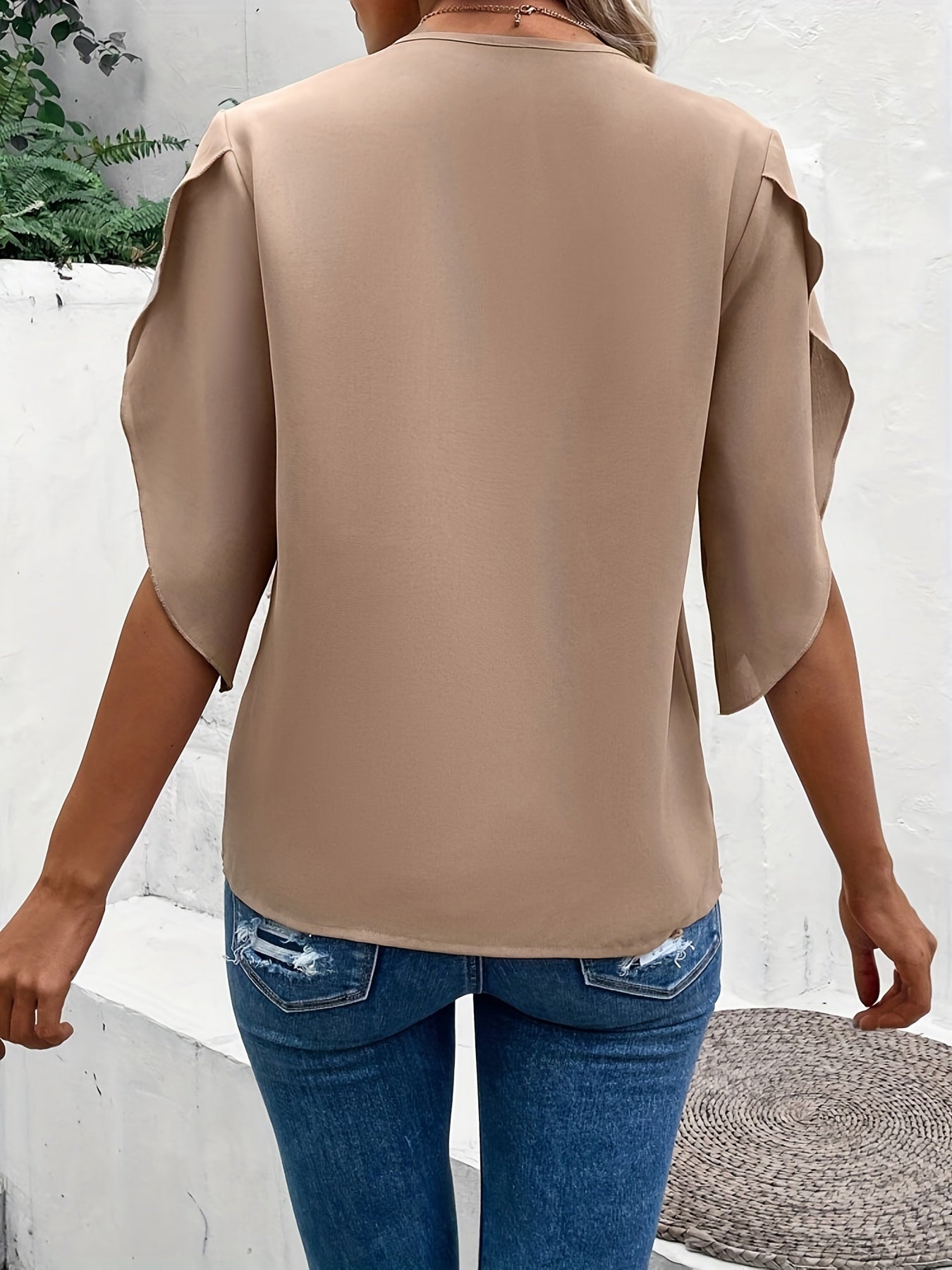 Antmvs Solid Lace Stitching Blouse, Casual Petal Sleeve Blouse For Spring & Summer, Women's Clothing