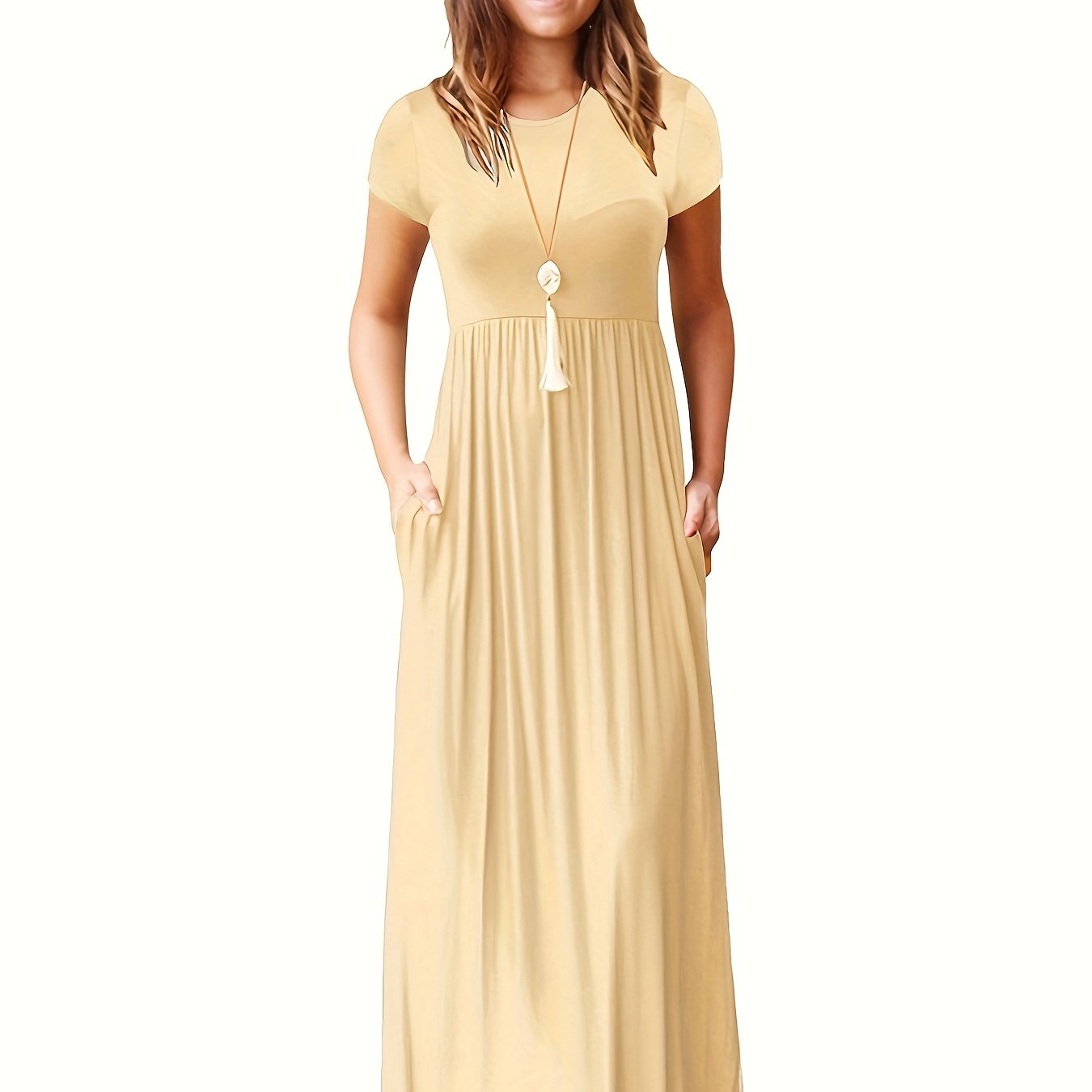 Antmvs Pleated Maxi Dress, Casual Crew Neck Short Sleeve Dress With Pockets, Women's Clothing