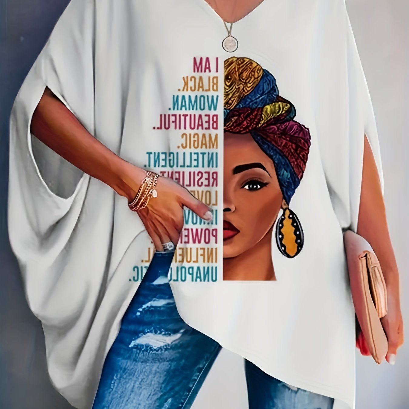 Antmvs Plus Size Casual Top, Women's Plus Cartoon Figure & Slogan Print Bat Sleeve V Neck Medium Stretch Oversized Top