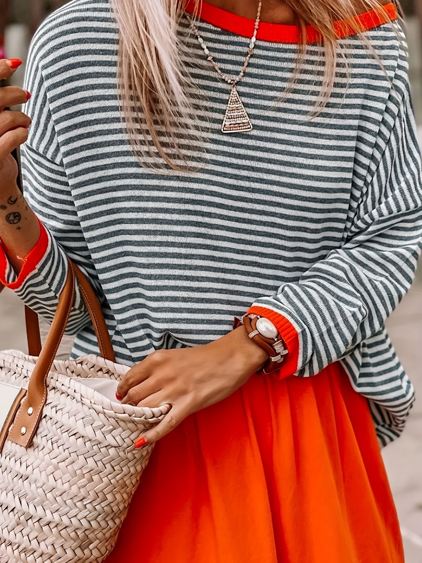 Antmvs Striped Print Crew Neck Knit Sweater, Casual Long Sleeve Versatile Sweater, Women's Clothing