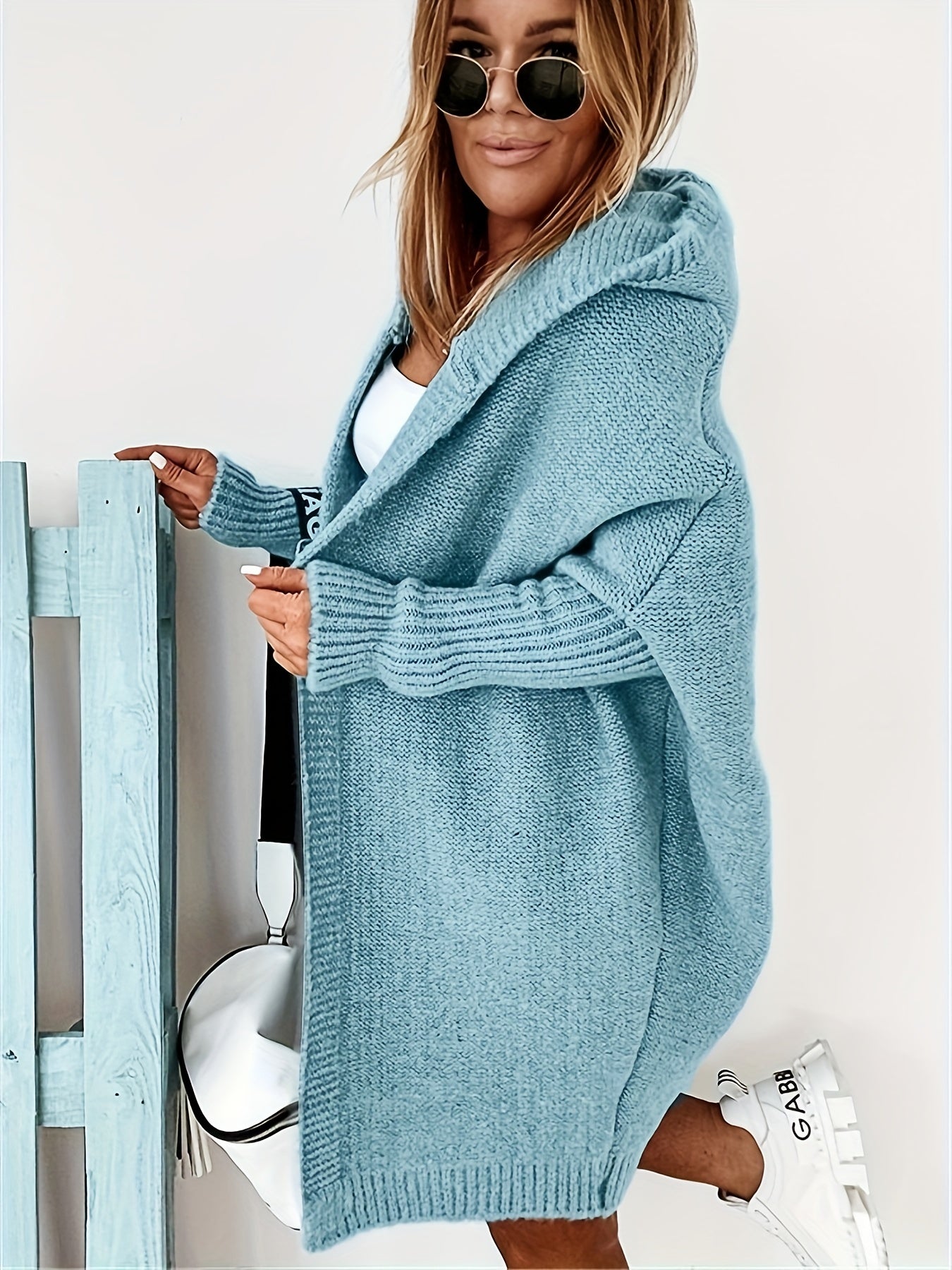 Antmvs Solid Open Front Hooded Cardigan, Casual Batwing Sleeve Mid Length Sweater For Fall & Winter, Women's Clothing