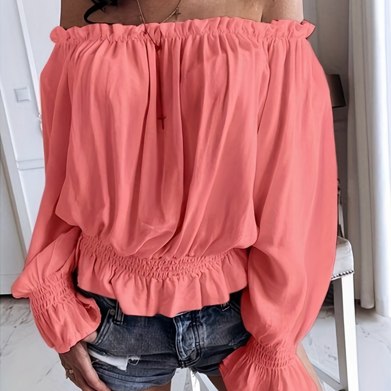 Antmvs Off Shoulder Ruffle Trim Blouse, Casual Long Sleeve Blouse For Spring & Fall, Women's Clothing