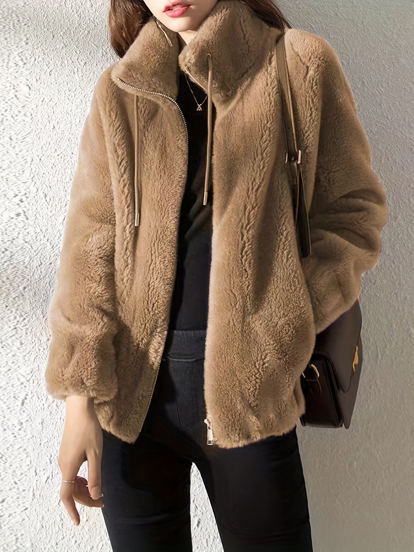 Antmvs Drawstring Teddy Coat, Casual Zip Up Long Sleeve Warm Outerwear, Women's Clothing