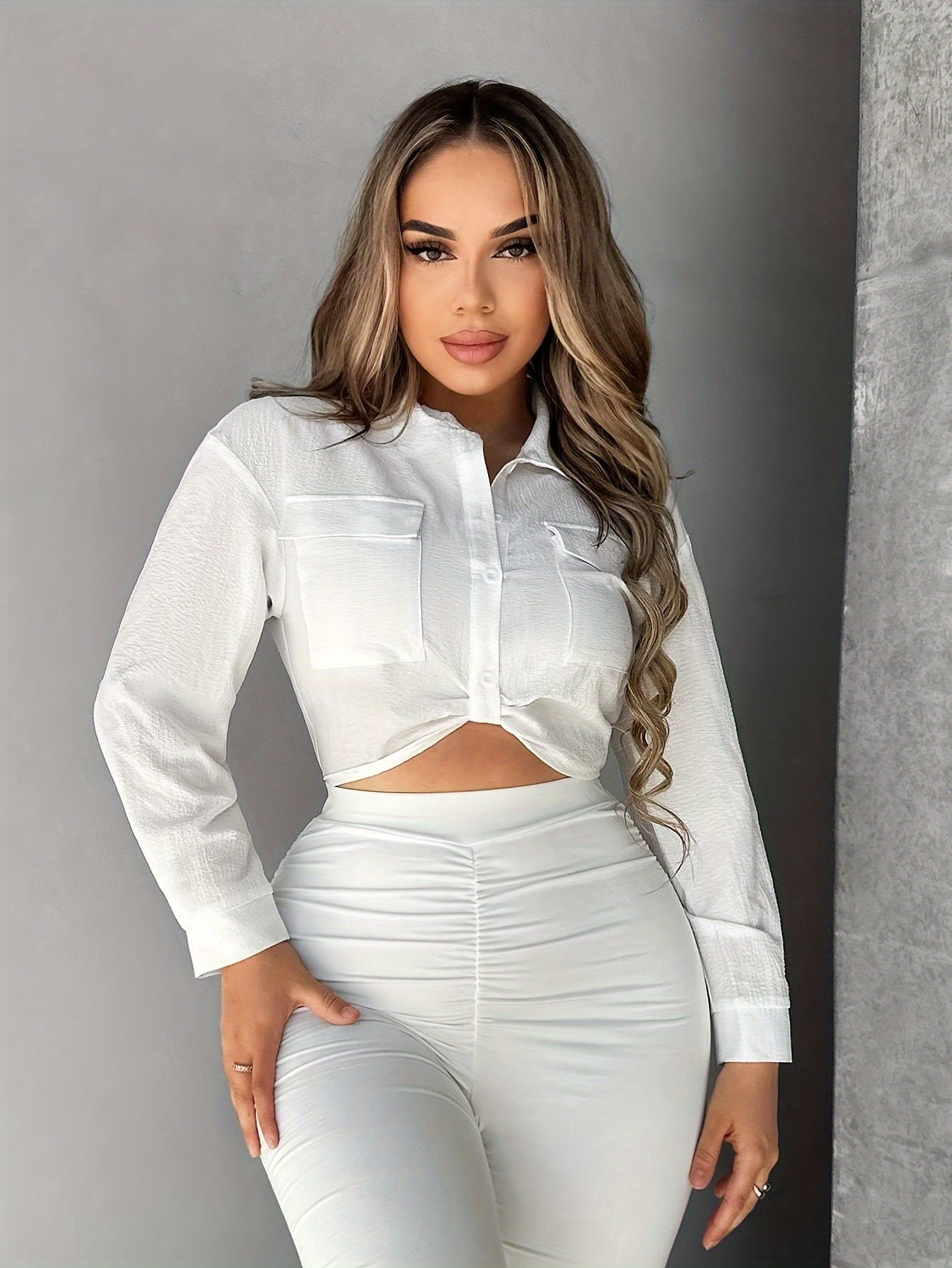 Antmvs Solid Button Front Shirt, Elegant Long Sleeve Crop Shirt, Women's Clothing