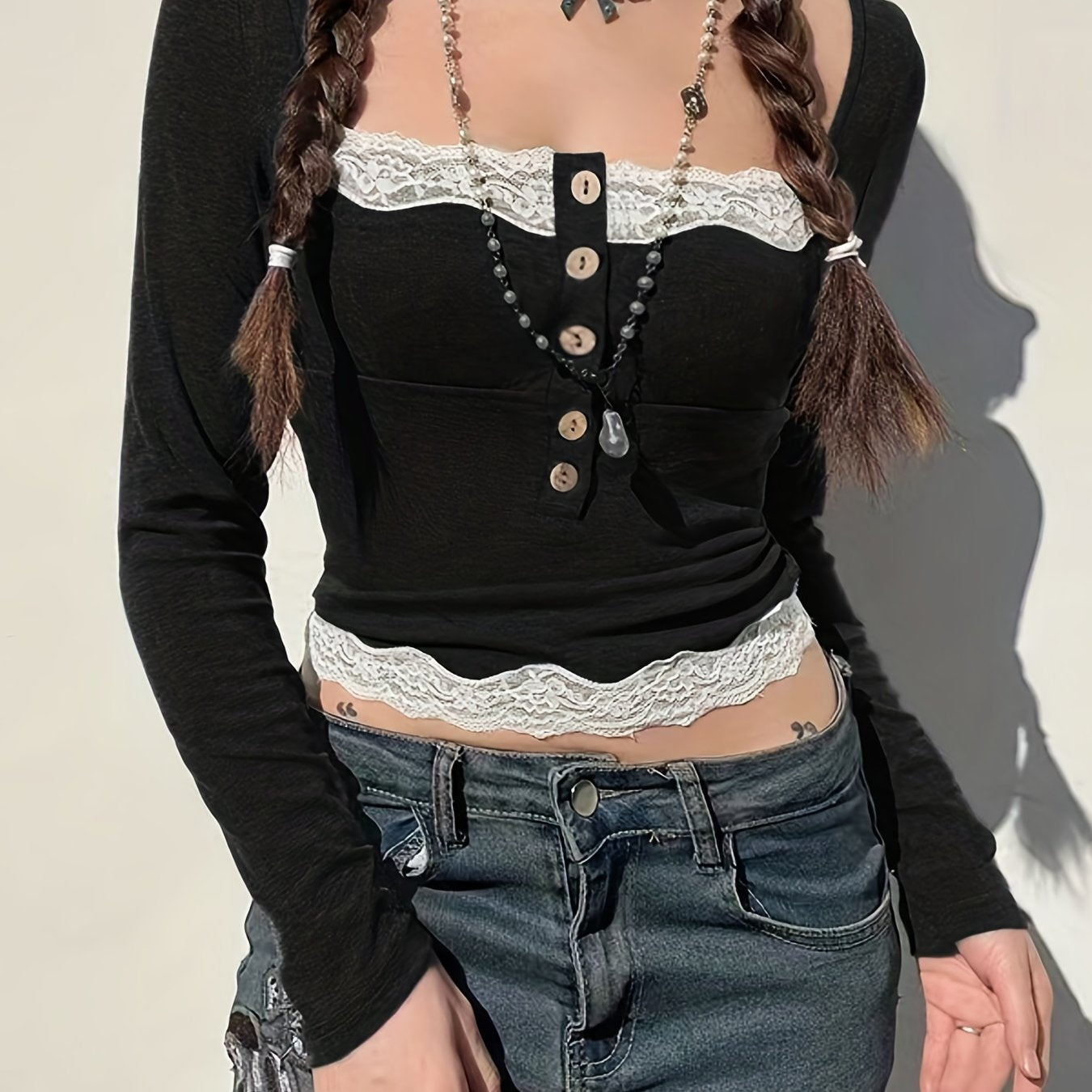 Antmvs Contrast Lace Button Front Square Neck T-Shirt, Y2K Long Sleeve Top For Spring & Fall, Women's Clothing