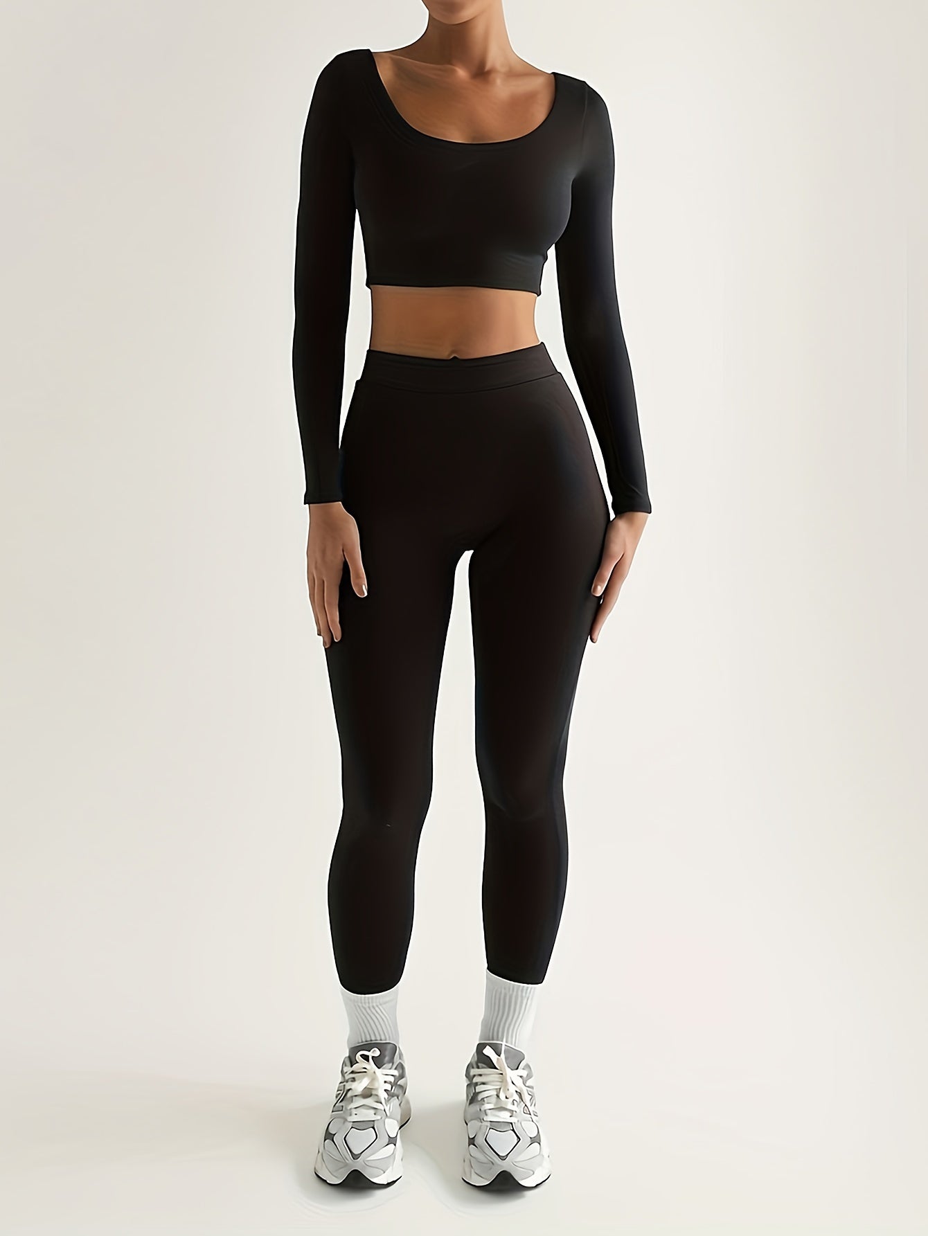 Antmvs Solid Slim Two-piece Set, Casual Long Sleeve Crop Top & High Waist Skinny Pants Outfits, Women's Clothing