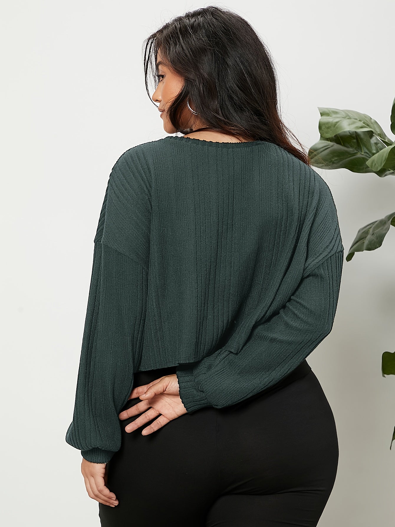 Antmvs Plus Size Trendy Knit Top, Women's Plus Solid Ribbed Drop Shoulder Lantern Sleeve Round Neck Medium Stretch Crop Knit Top