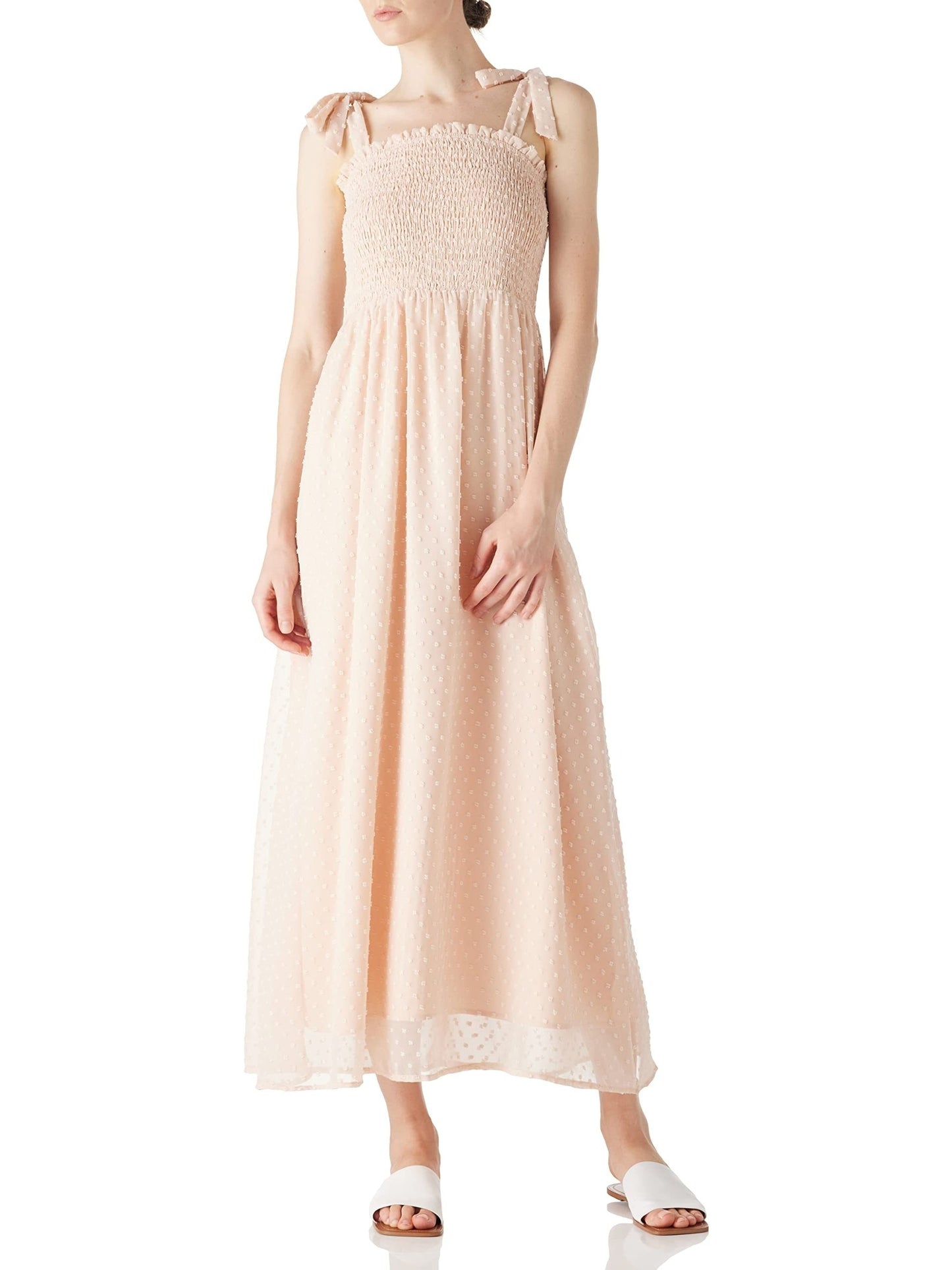 Antmvs Swiss Dot Tie Strap Shirred Dress, Elegant Backless Ruffle Trim Dress, Women's Clothing