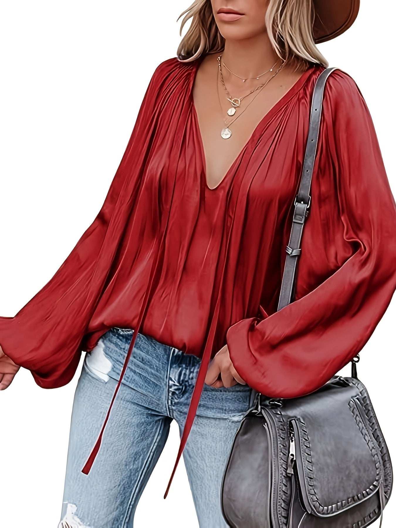 Antmvs Lantern Long Sleeve Satin Blouse, Elegant V Neck Tops For Spring & Summer, Women's Clothing