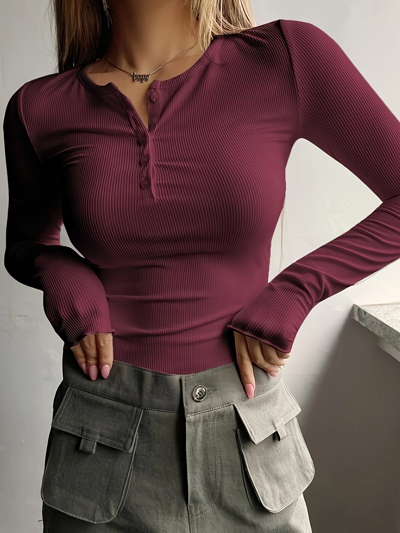 Antmvs Ribbed Button Front T-Shirt, Casual Long Sleeve Top For Spring & Fall, Women's Clothing