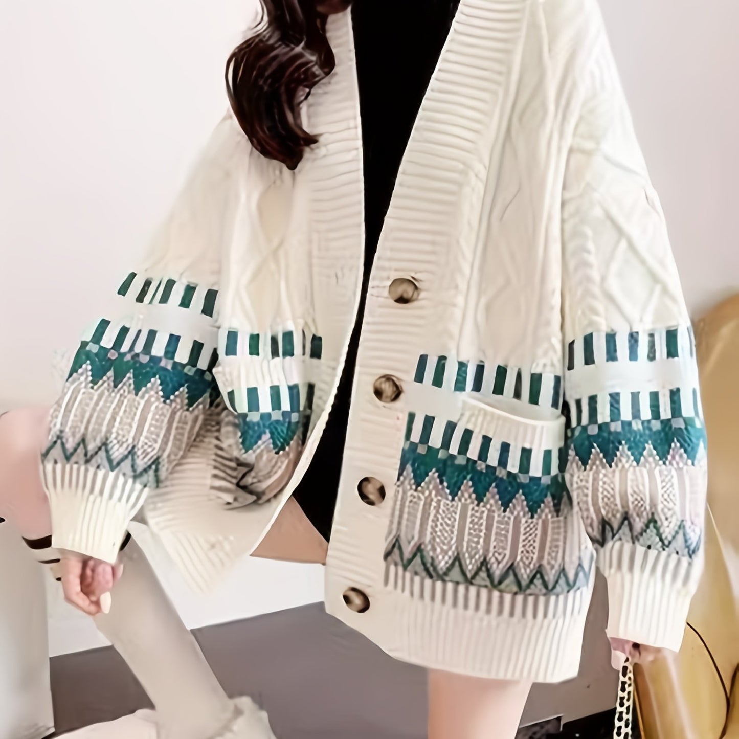 Antmvs Geo Pattern Button Down Knit Cardigan, Elegant Long Sleeve Loose Sweater With Pocket, Women's Clothing