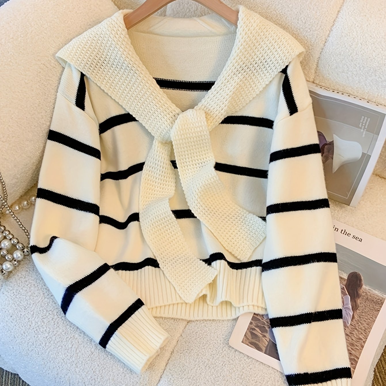 Antmvs Striped Knitted Pullover Sweater, Casual Long Sleeve Sweater For Fall & Winter, Women's Clothing