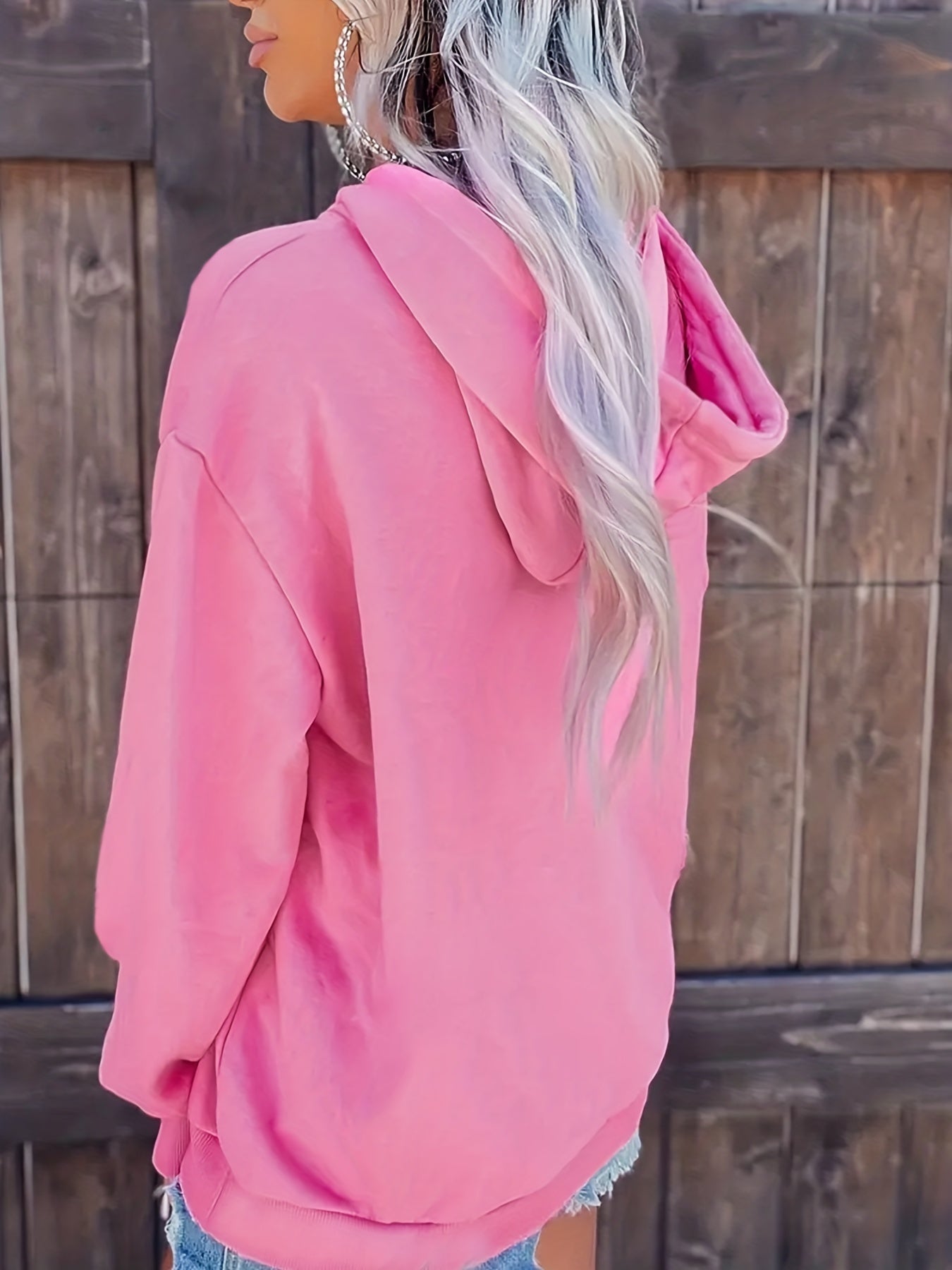 Antmvs Plus Size Casual Sweatshirt, Women's Plus Solid Cut Out Long Sleeve Slight Stretch Drawstring Hoodie With Pocket