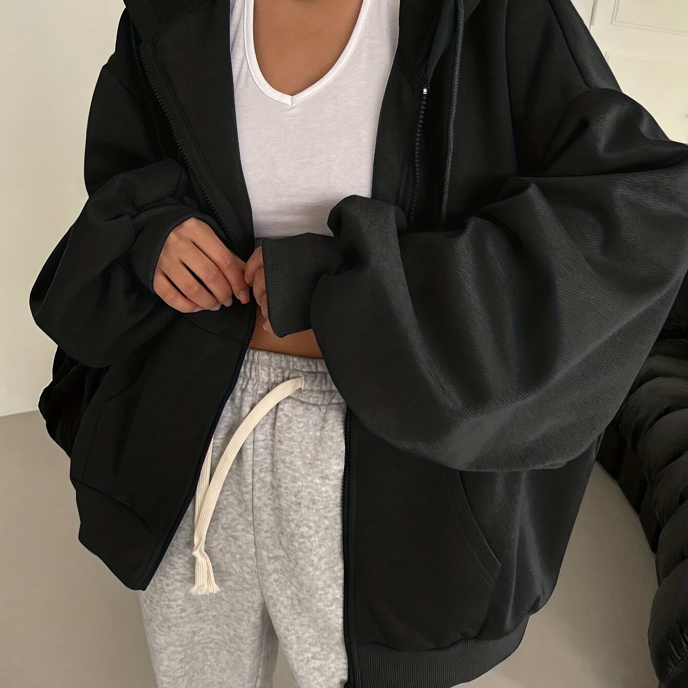 Antmvs Solid Zip Up Oversized Drawstring Hoodie, Casual Long Sleeve Pocket Hoodies Sweatshirt, Women's Clothing
