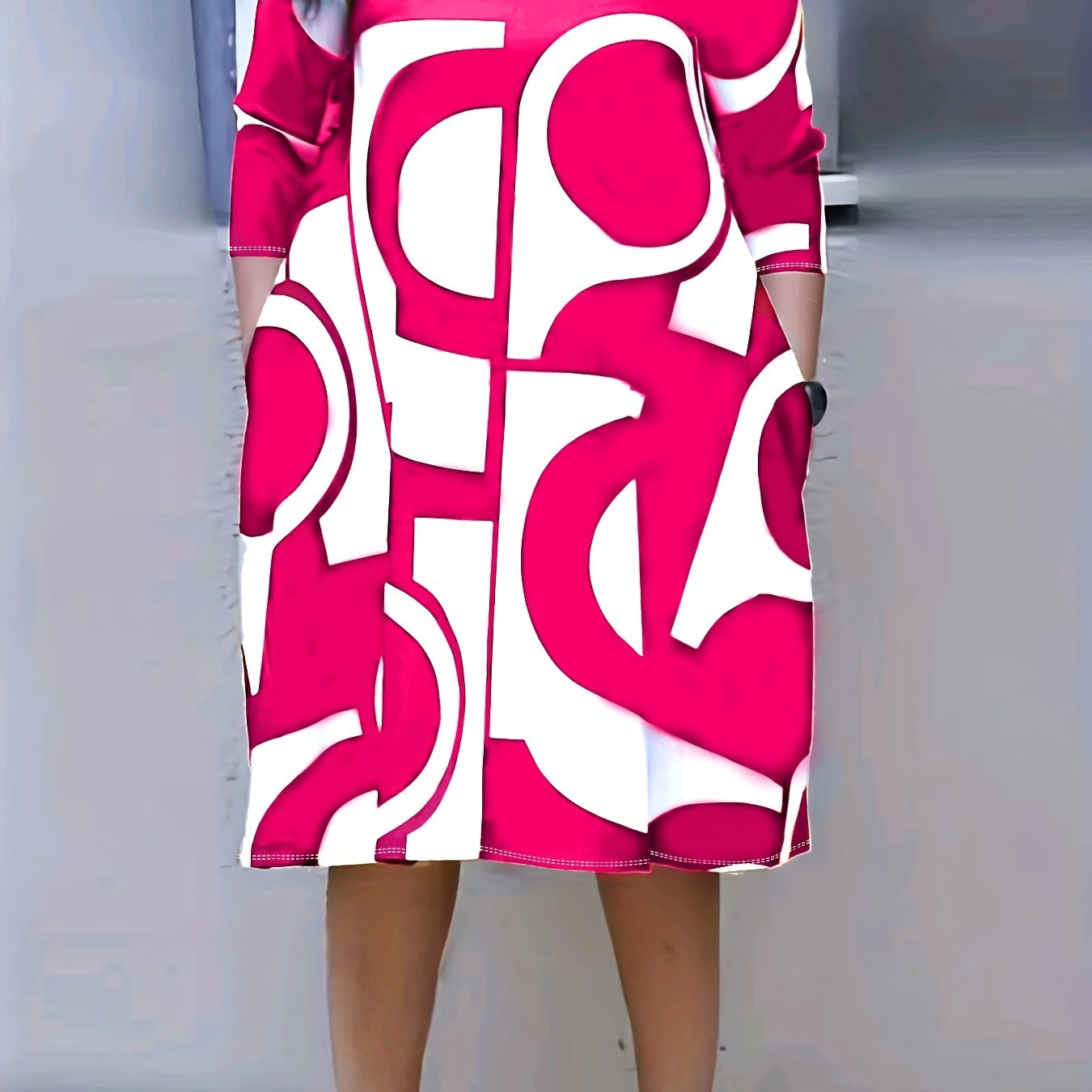 Antmvs Plus Size Elegant Dress, Women's Plus Geometric Print Half Sleeve Round Neck Loose Fit Dress