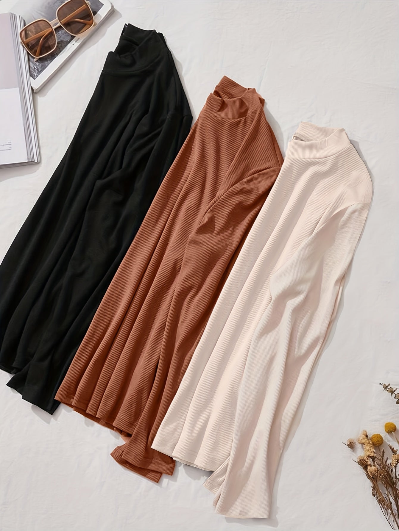 Antmvs 3 Pack Plus Size Basic Loungewear Top Set, Women's Plus Solid Ribbed Knit Long Sleeve Mock Neck Slim Fit Home Wear Top 3pcs Set