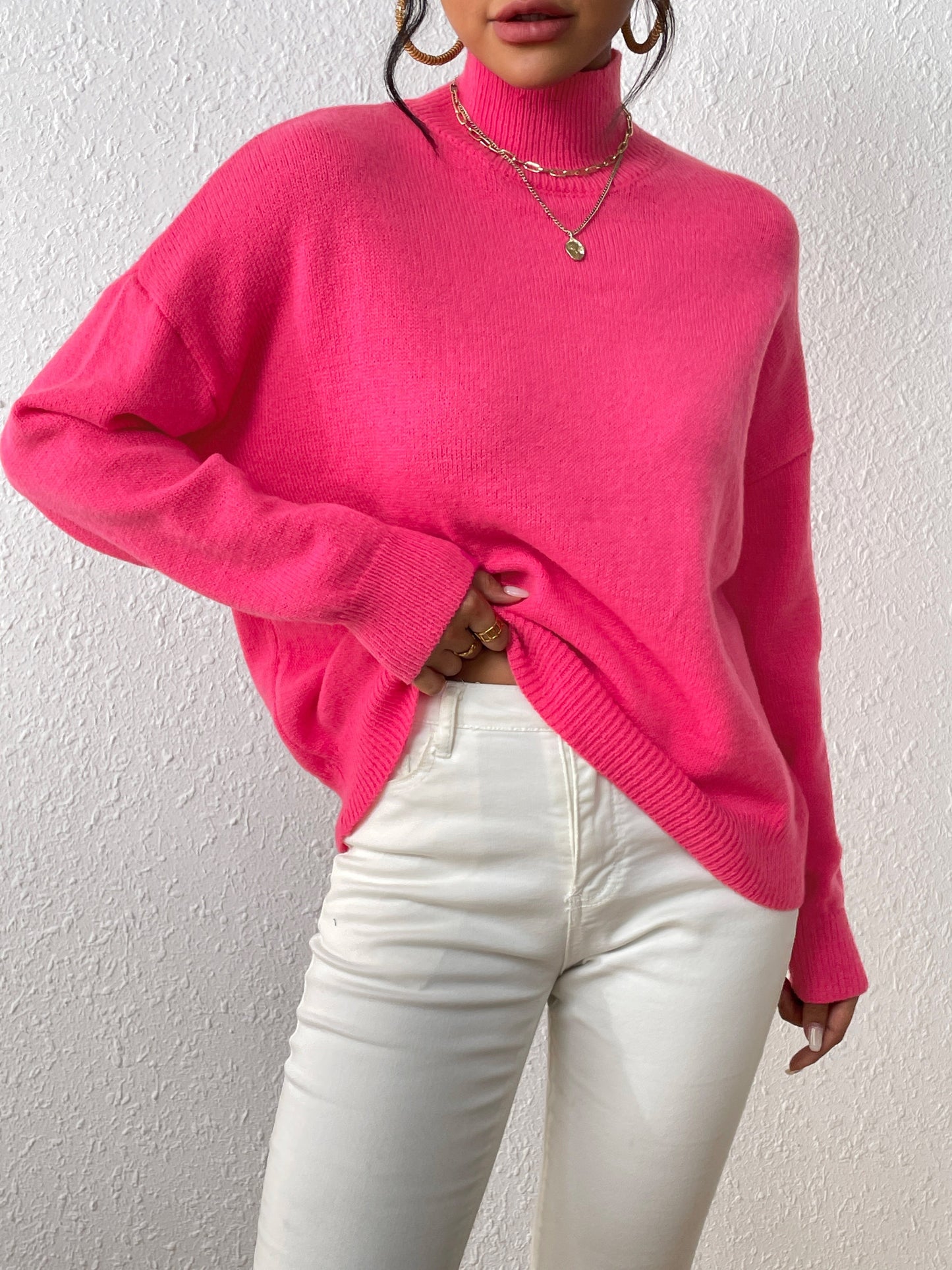 Antmvs Solid Mock Neck Knit Sweater, Casual Drop Shoulder Long Sleeve Sweater, Women's Clothing
