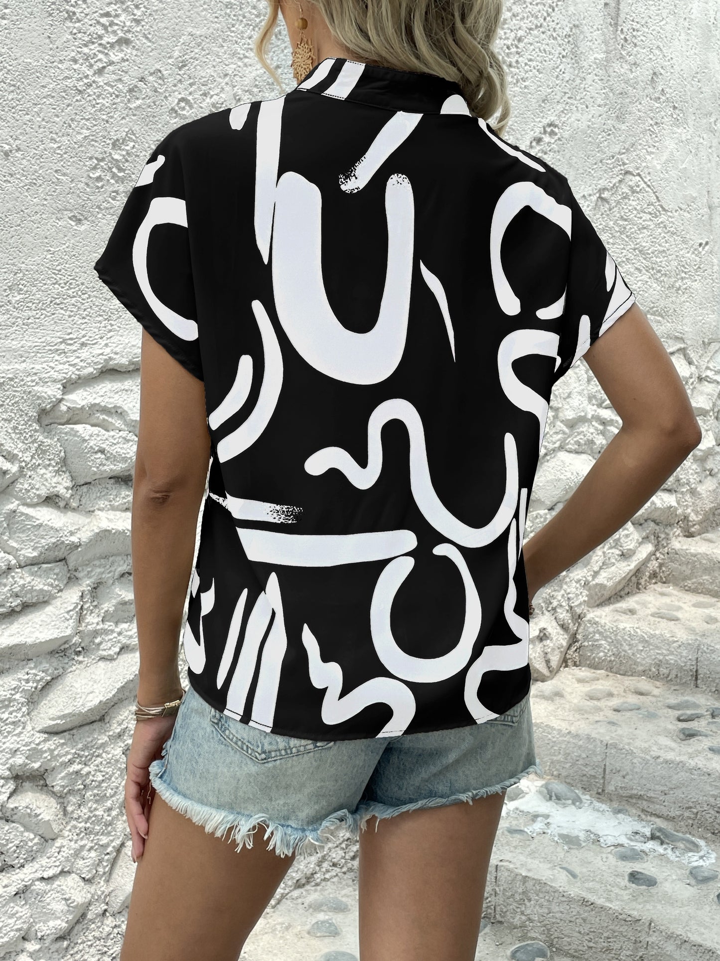 Antmvs Abstract Print Blouse, Casual V Neck Short Sleeve Summer Blouse, Women's Clothing