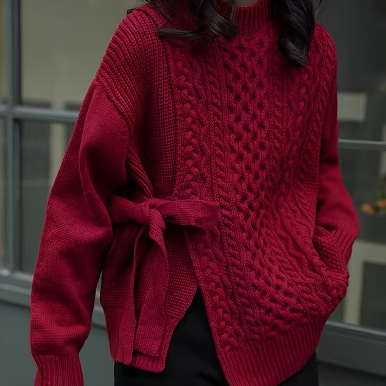 Antmvs Solid Lace Up Cable Knit Sweater, Casual Mock Neck Long Sleeve Loose Pullover Sweater, Women's Clothing
