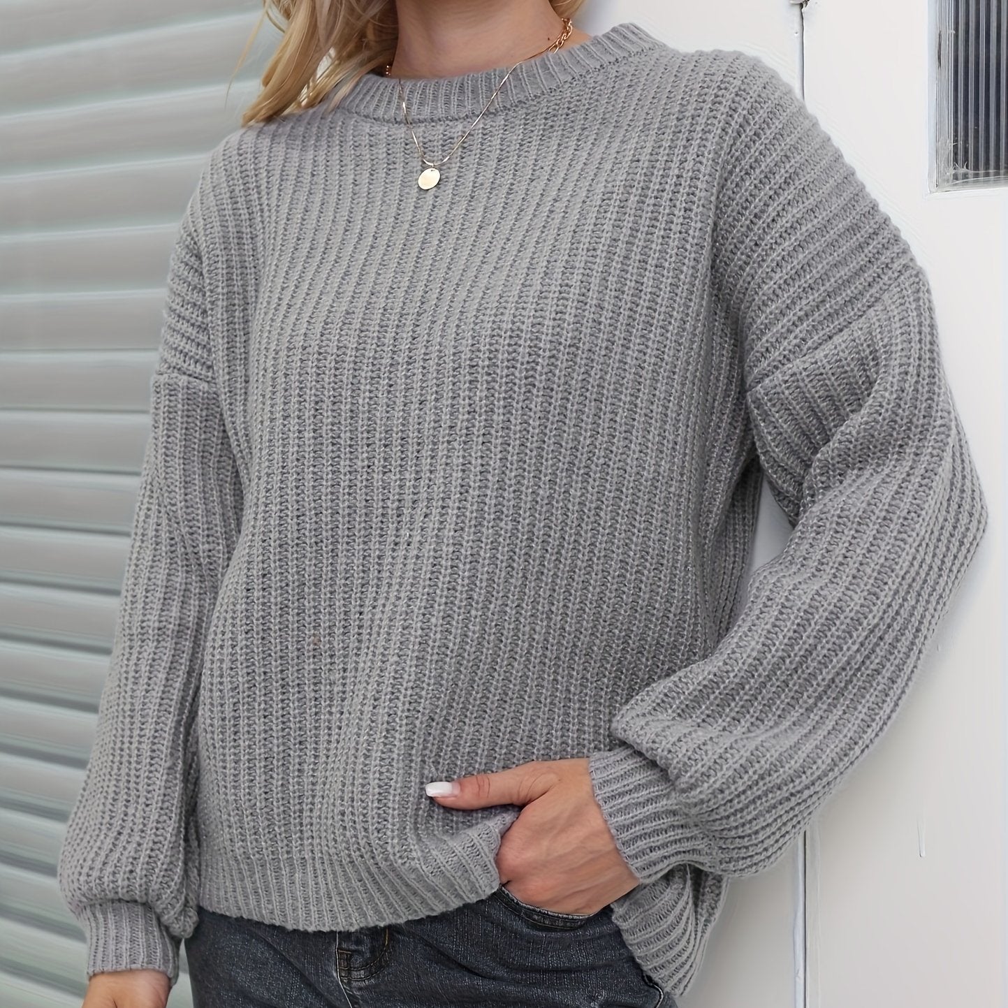 Antmvs Solid Versatile Knit Pullover Sweater, Casual Crew Neck Drop Shoulder Long Sleeve Sweater, Women's Clothing