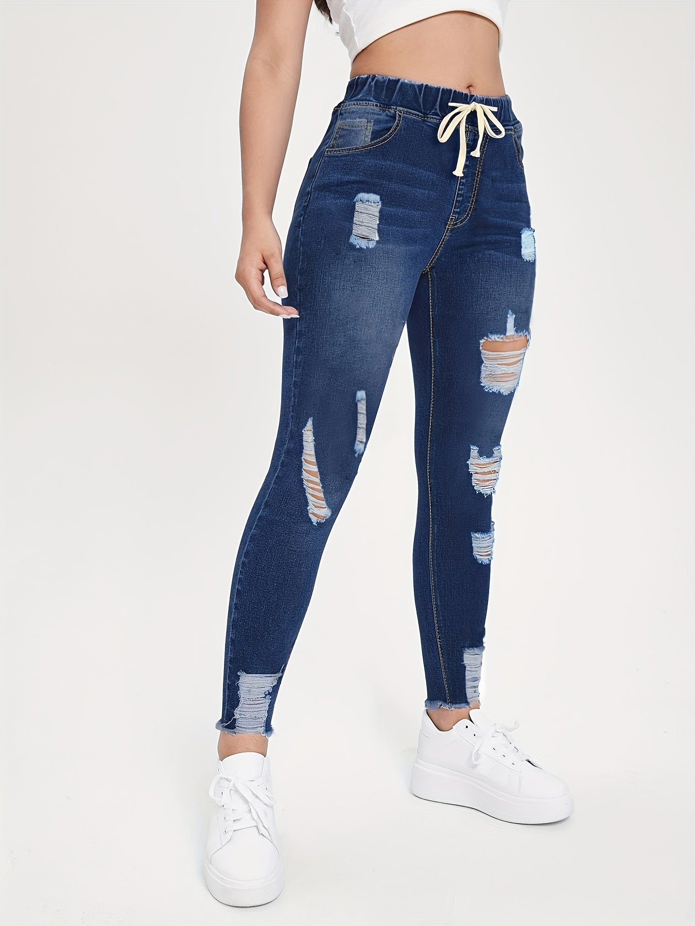Antmvs Raw Hem Ripped Mom Jeans, Elastic Waistband Distressed Slash Pockets Denim Pants, Women's Denim Jeans & Clothing