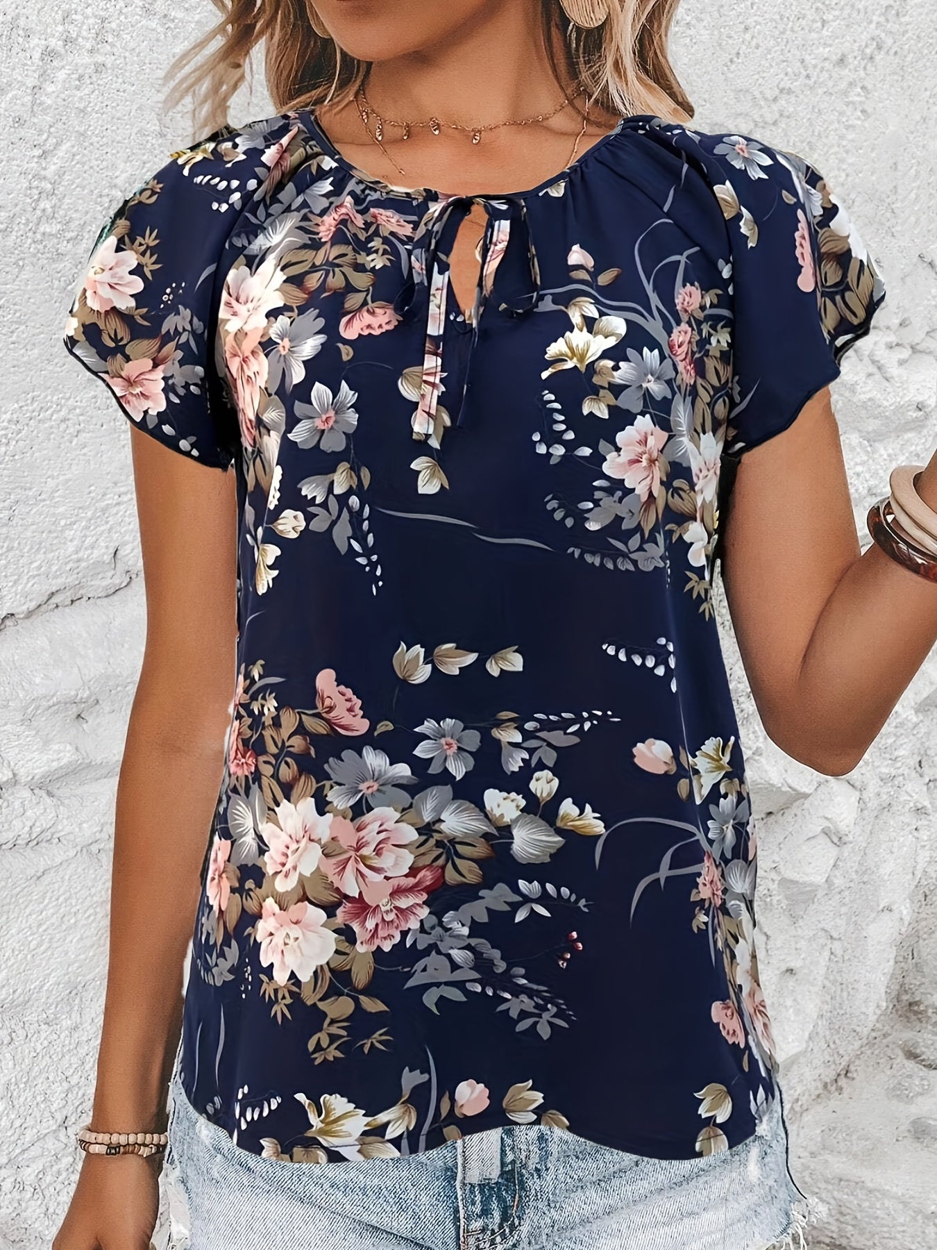 Antmvs Floral Print Drawstring Blouse, Elegant V Neck Short Sleeve Blouse, Women's Clothing