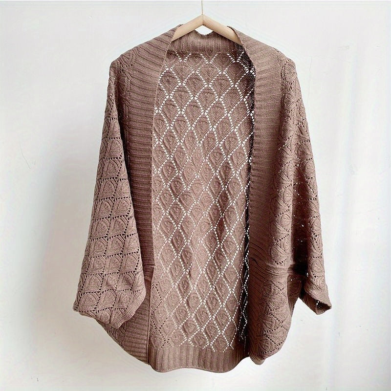 Antmvs Hollow Out Knitted Cardigan Solid Color Elegant Outwear Shawl Casual Outdoor Wrap For Women