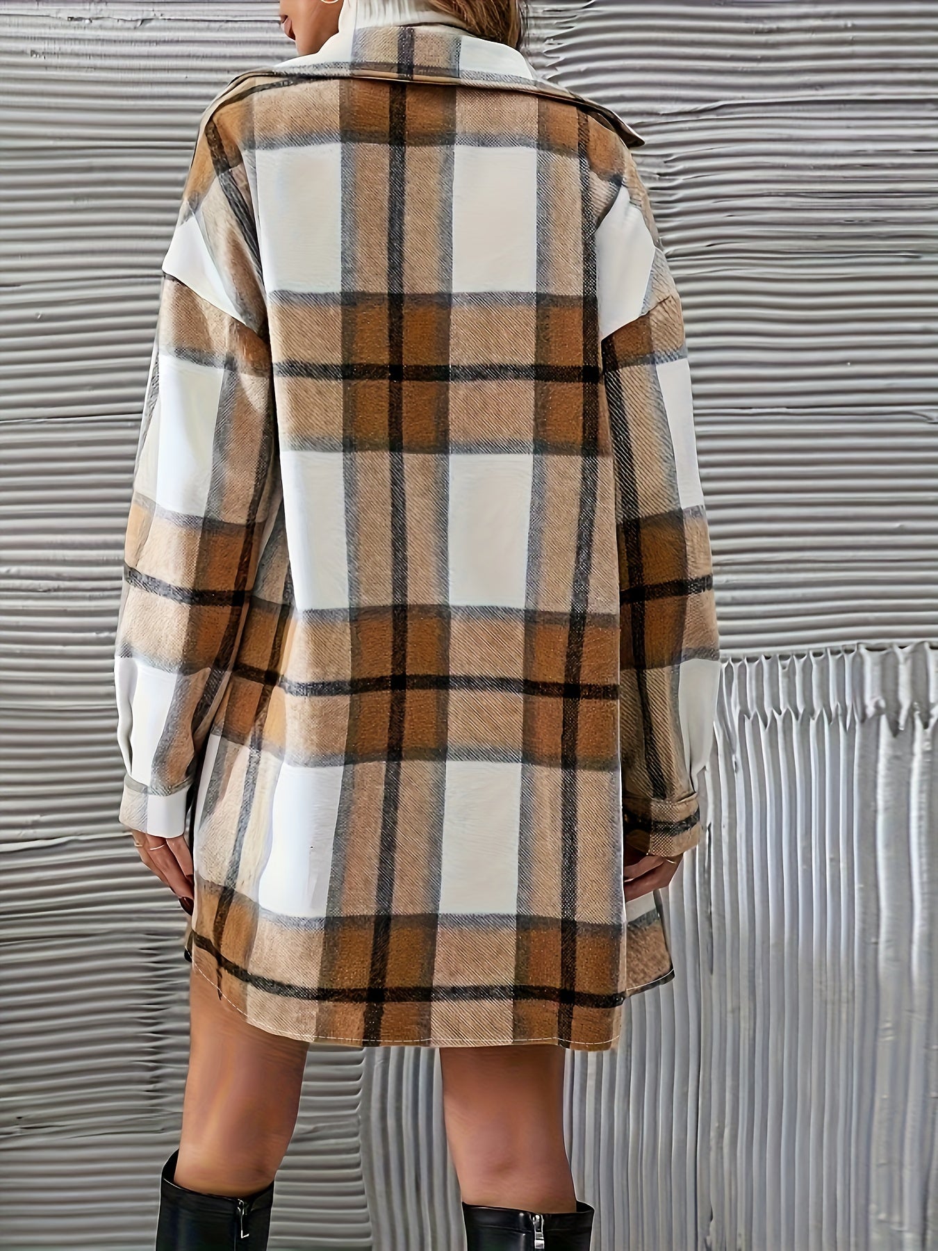 Antmvs Plaid Print Casual Two-piece Set, Button Front Long Sleeve Shirt & Bag Hip Skirts Outfits, Women's Clothing