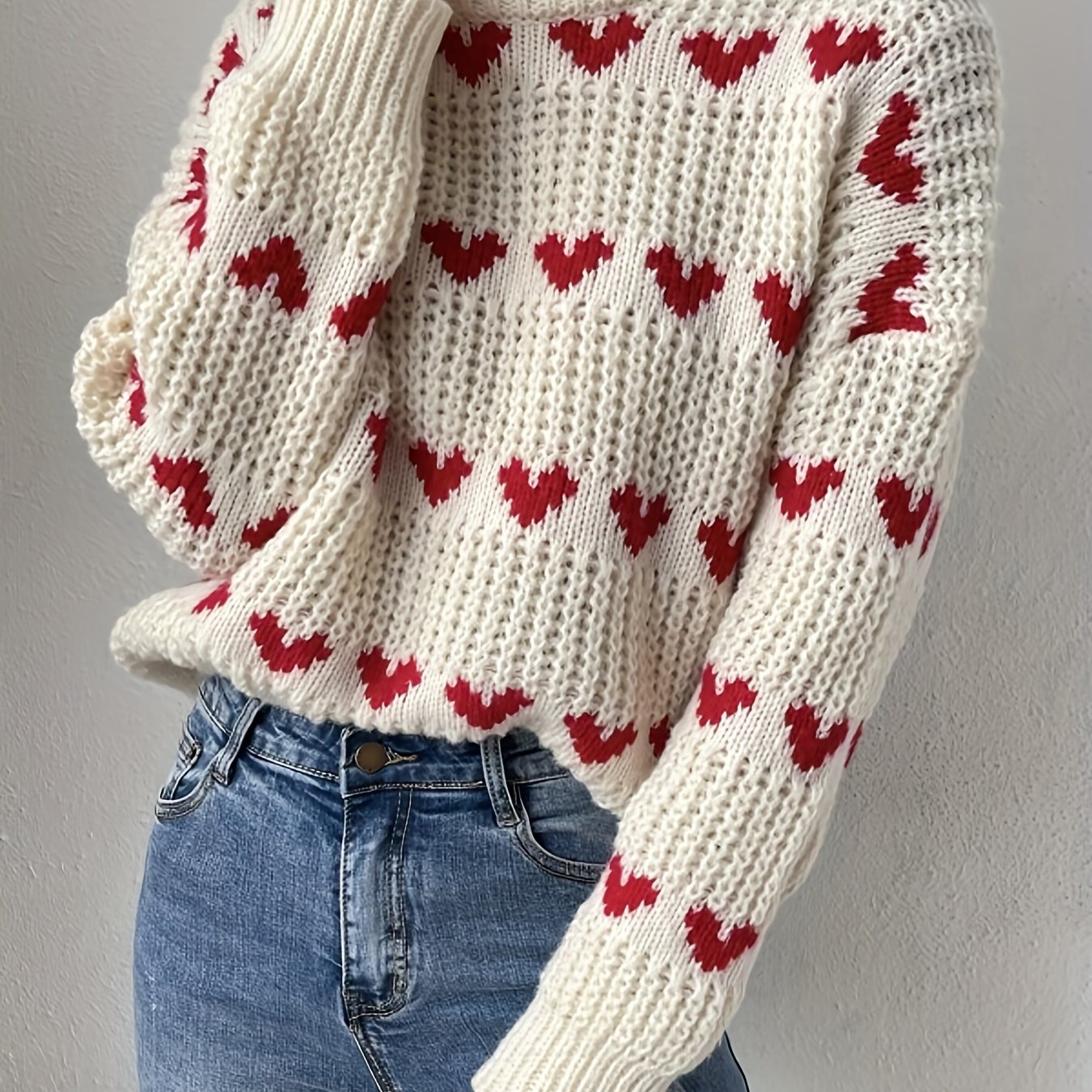 Antmvs Heart Pattern Turtle Neck Pullover Sweater, Casual Long Sleeve Sweater For Fall & Winter, Women's Clothing