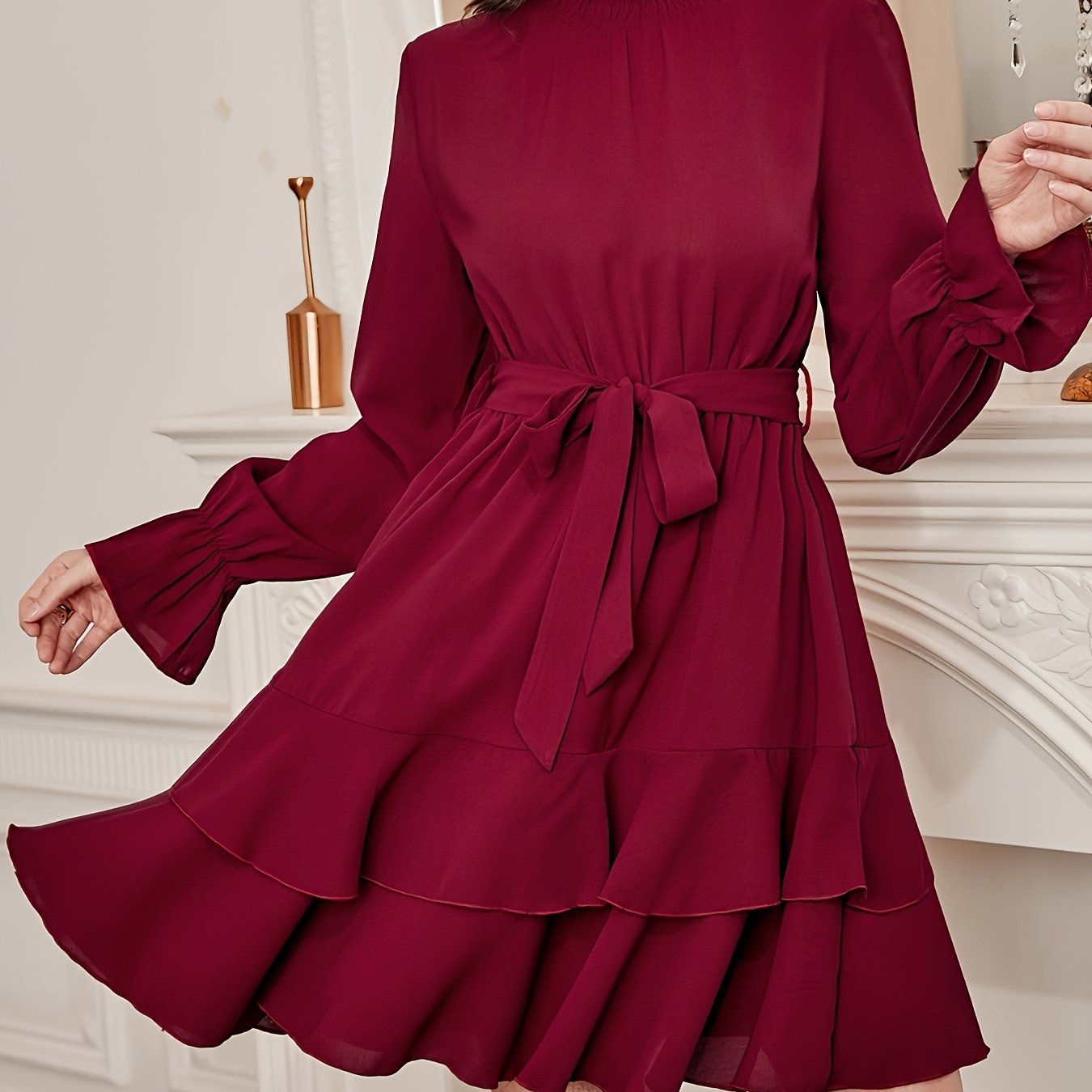 Antmvs Ruffle Hem Layered Dress, Elegant Long Sleeve High Neck Dress, Women's Clothing