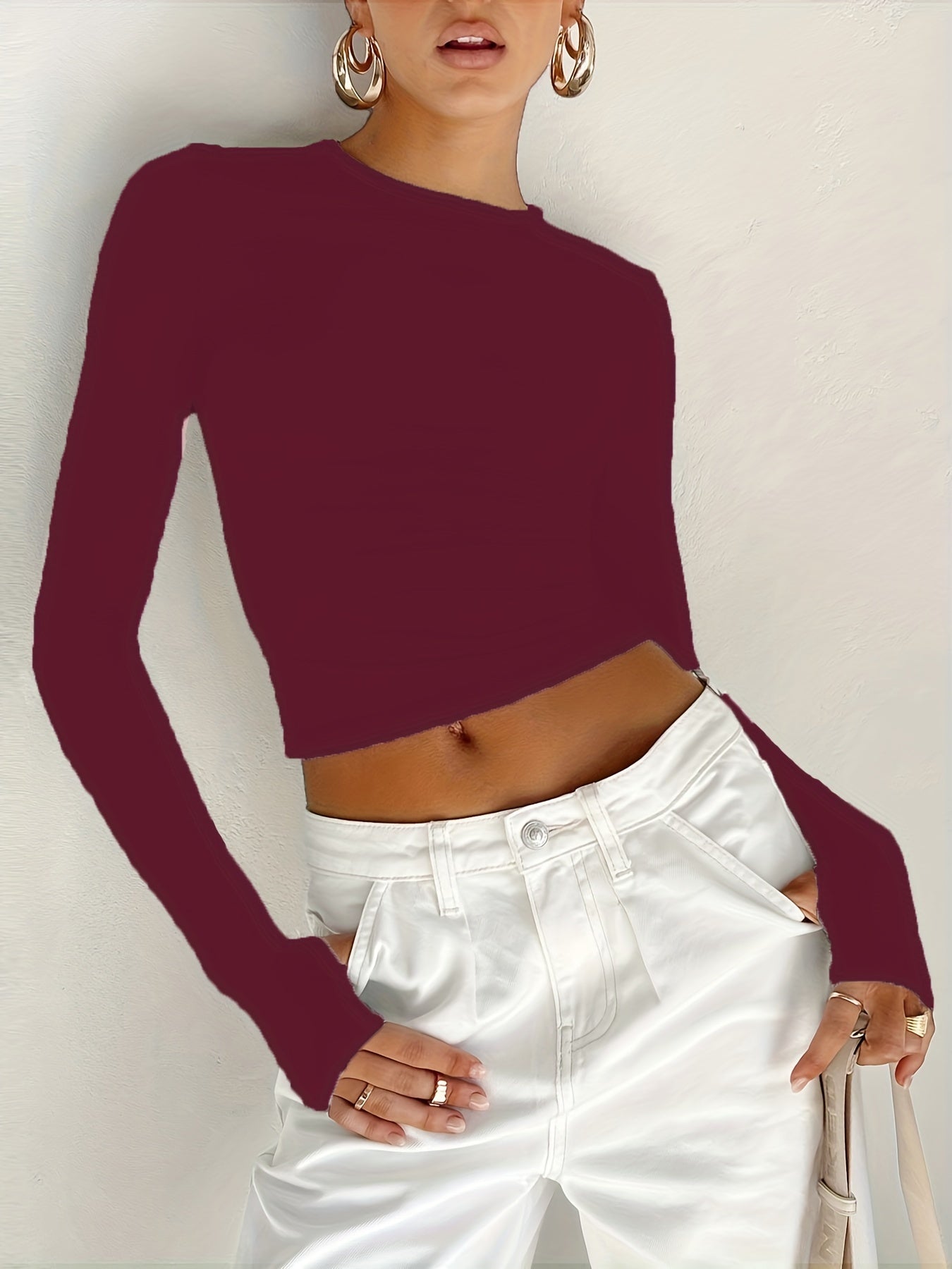 Antmvs Slim Solid Crew Neck T-Shirt, Y2K Long Sleeve T-Shirt For Spring & Fall, Women's Clothing