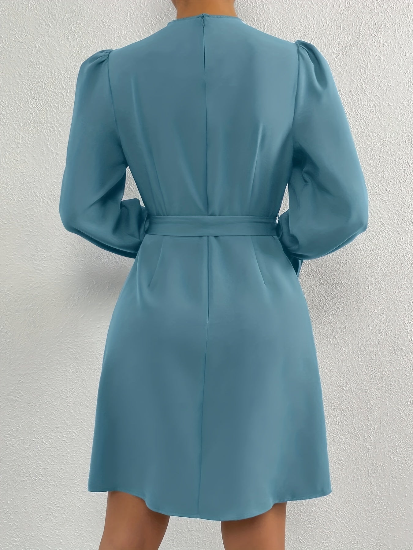 Antmvs Tucked Solid Dress, Elegant Mock Neck Lantern Sleeve Dress, Women's Clothing