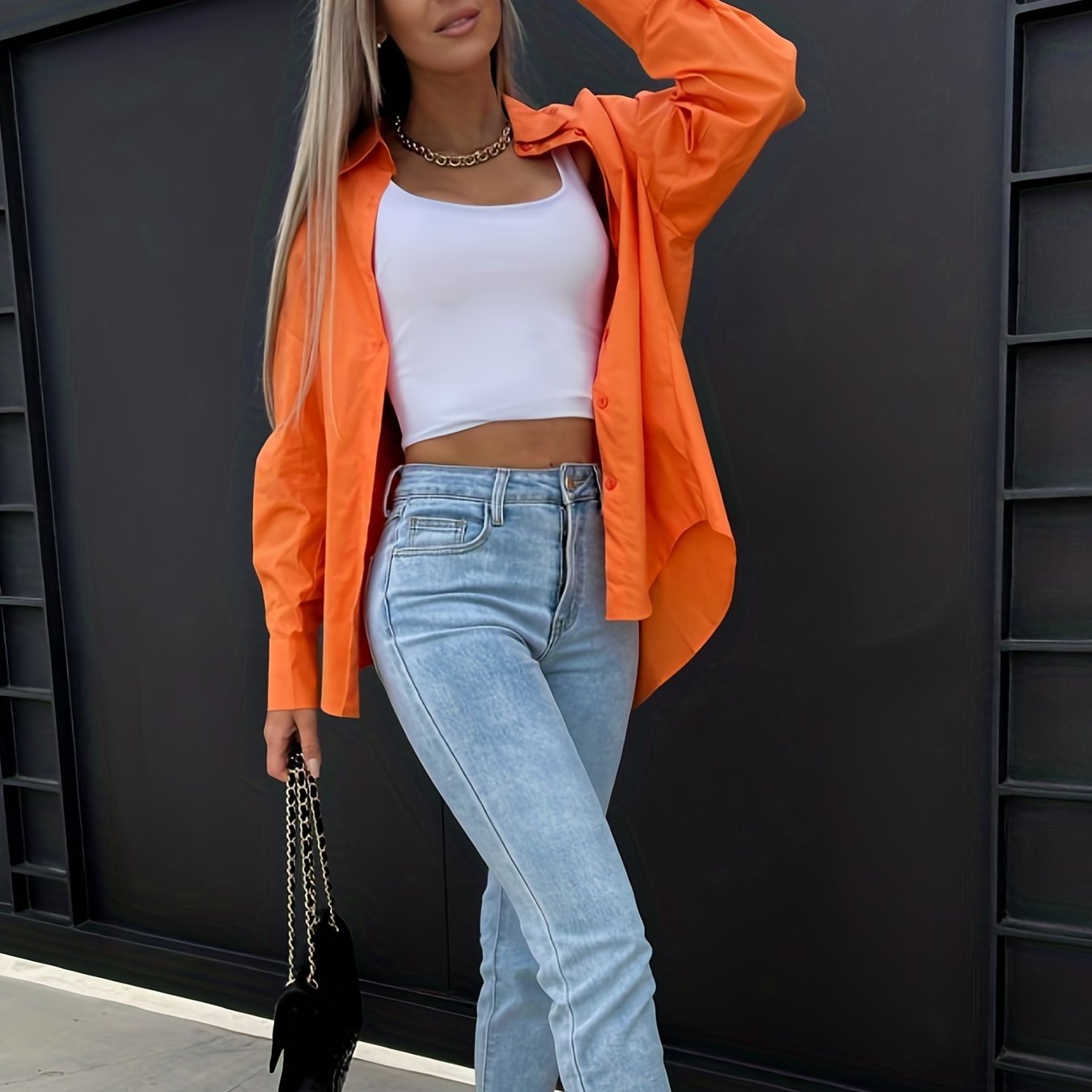 Antmvs V-neck Loose Lapel Blouses, Casual Button Down Long Sleeve Fashion Spring Summer Shirts Tops, Women's Clothing