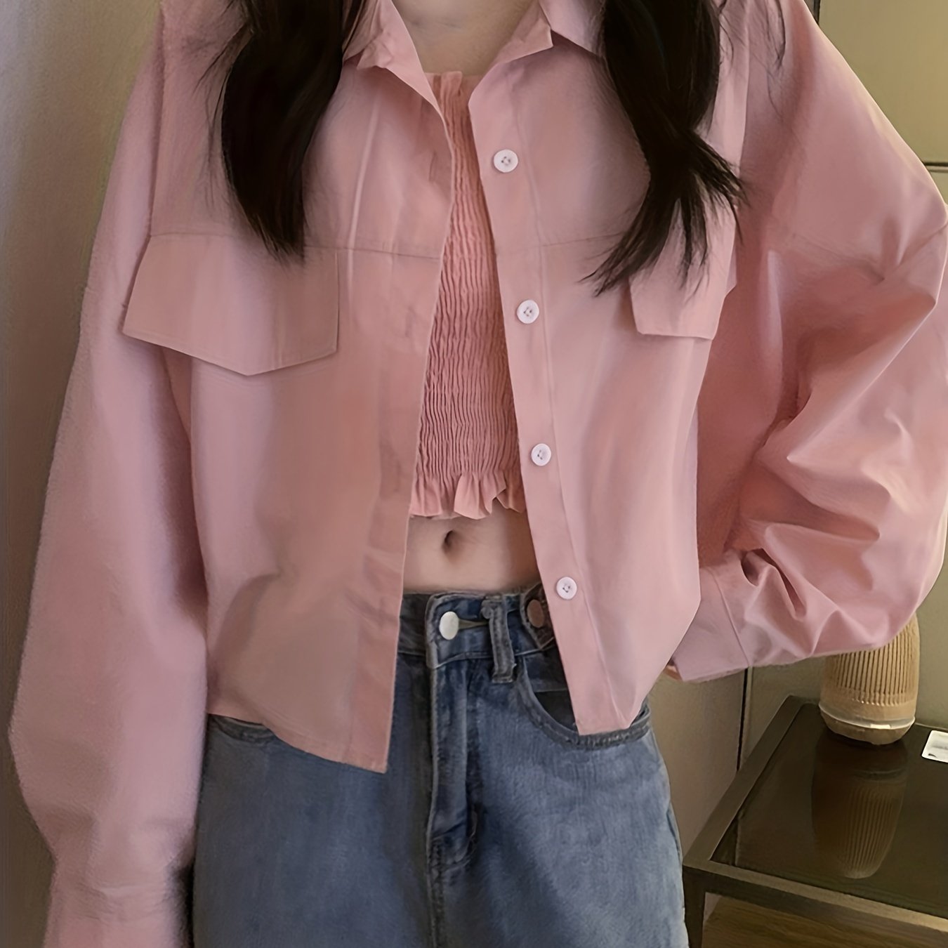 Antmvs Solid Button Front Shirt, Casual Long Sleeve Lapel Shirt, Women's Clothing
