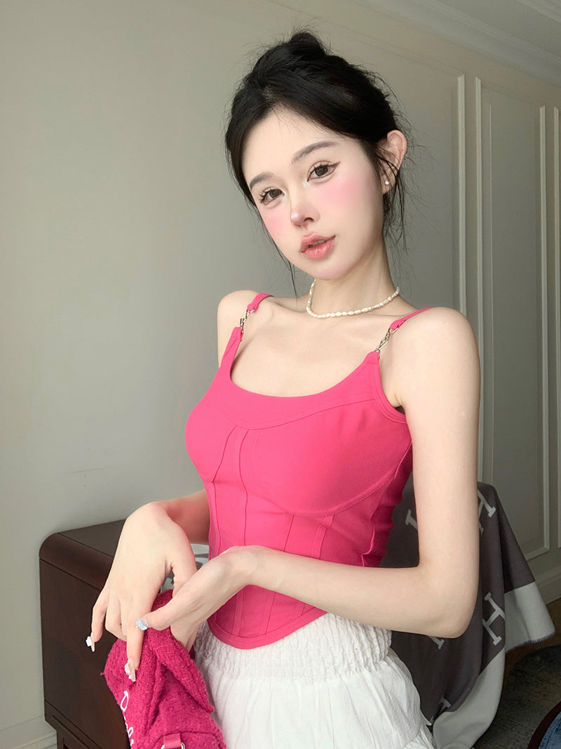 Antmvs Jania Solid Color Pink Silver Spaghetti Strap Slim Corset Top