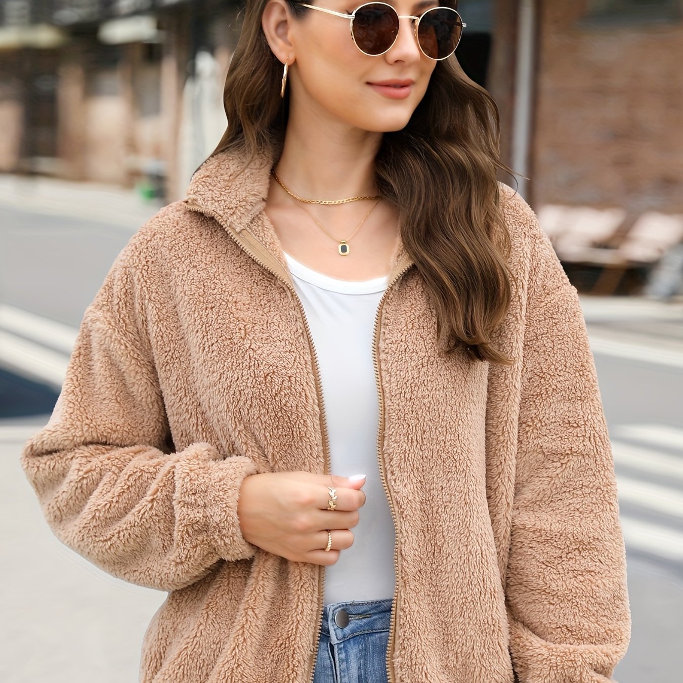 Antmvs Fuzzy Zip Up Jacket, Casual Long Sleeve Solid Outerwear, Women's Clothing