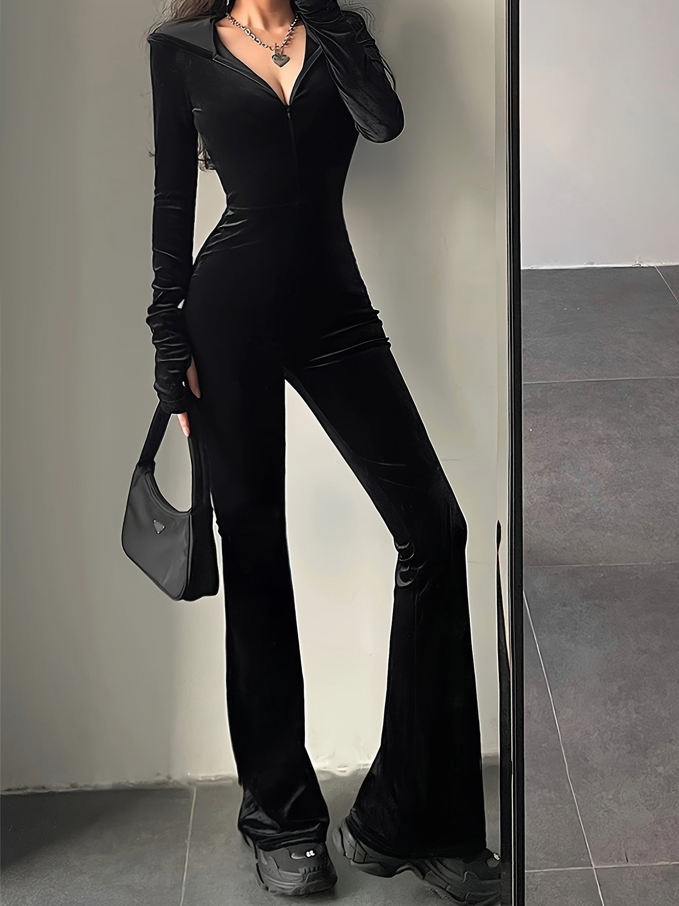 Antmvs Velvet Zip Up Jumpsuit, Casual Long Sleeve Flare Leg Jumpsuit, Women's Clothing