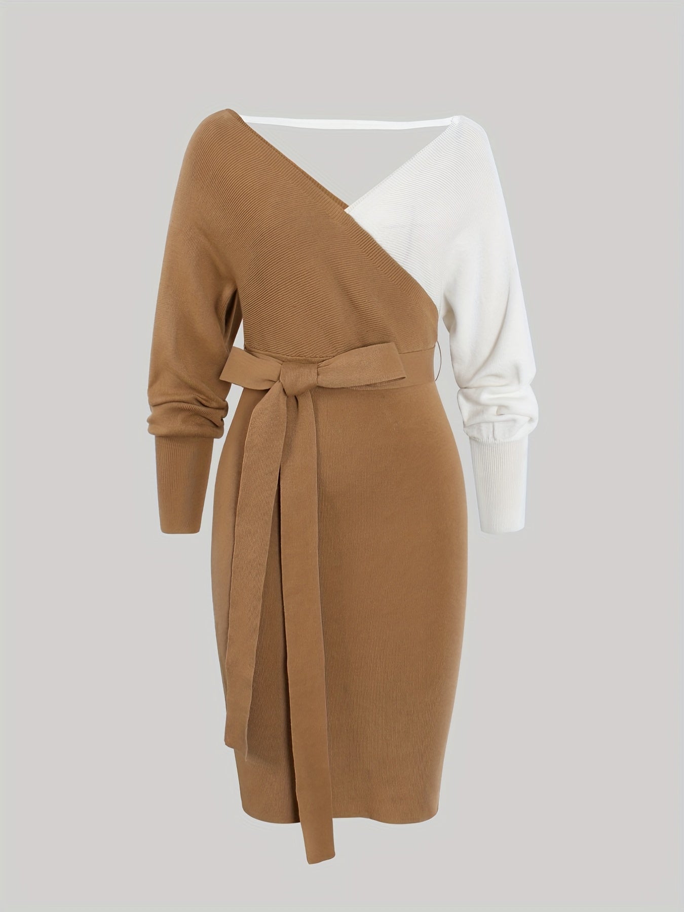 Antmvs Color Block Backless Dress, Casual V Neck Long Sleeve Bodycon Dress, Women's Clothing
