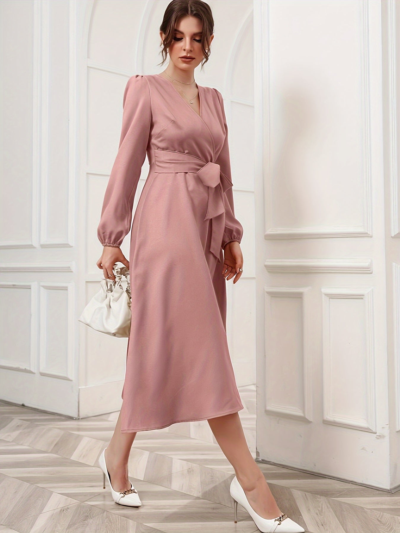 Antmvs Solid Surplice Neck Dress, Elegant Long Sleeve Belted Dress, Women's Clothing