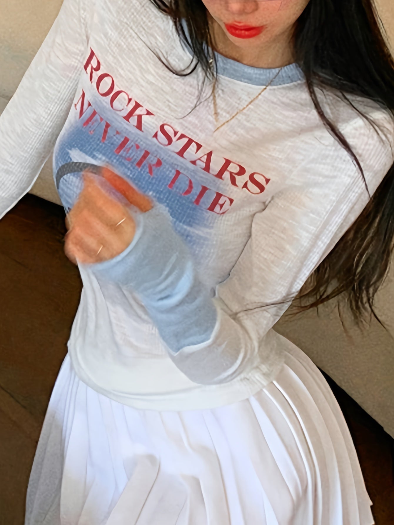 Antmvs Cute Cat & Letter Print Contrast Trim T-shirt, Casual Long Sleeve Crew Neck Slim Top, Women's Clothing