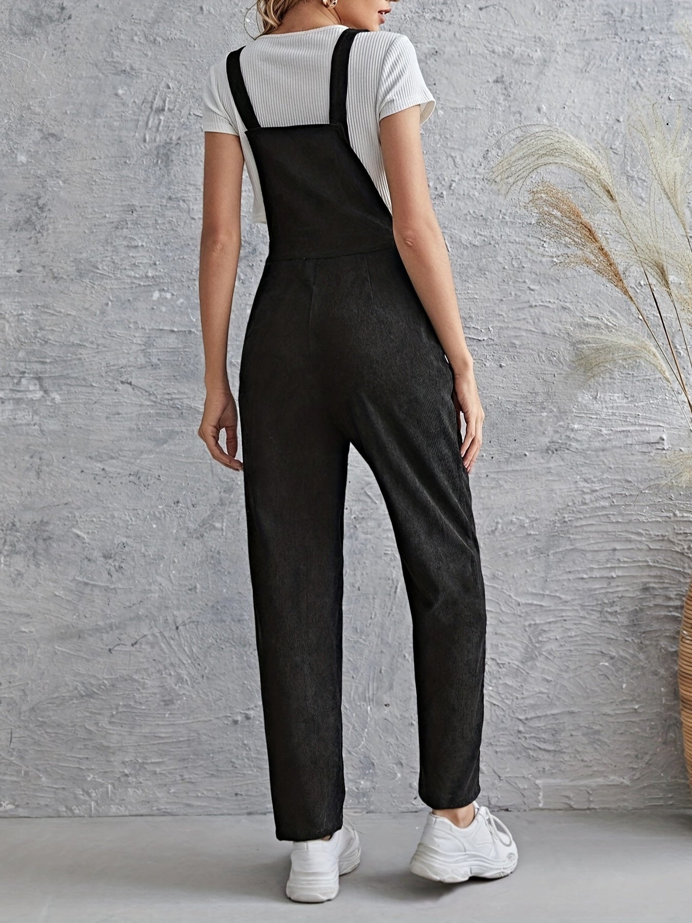 Antmvs Solid Ruffle Trim Overall Jumpsuit, Versatile Slant Pockets Corduroy Jumpsuit For Spring & Fall, Women's Clothing