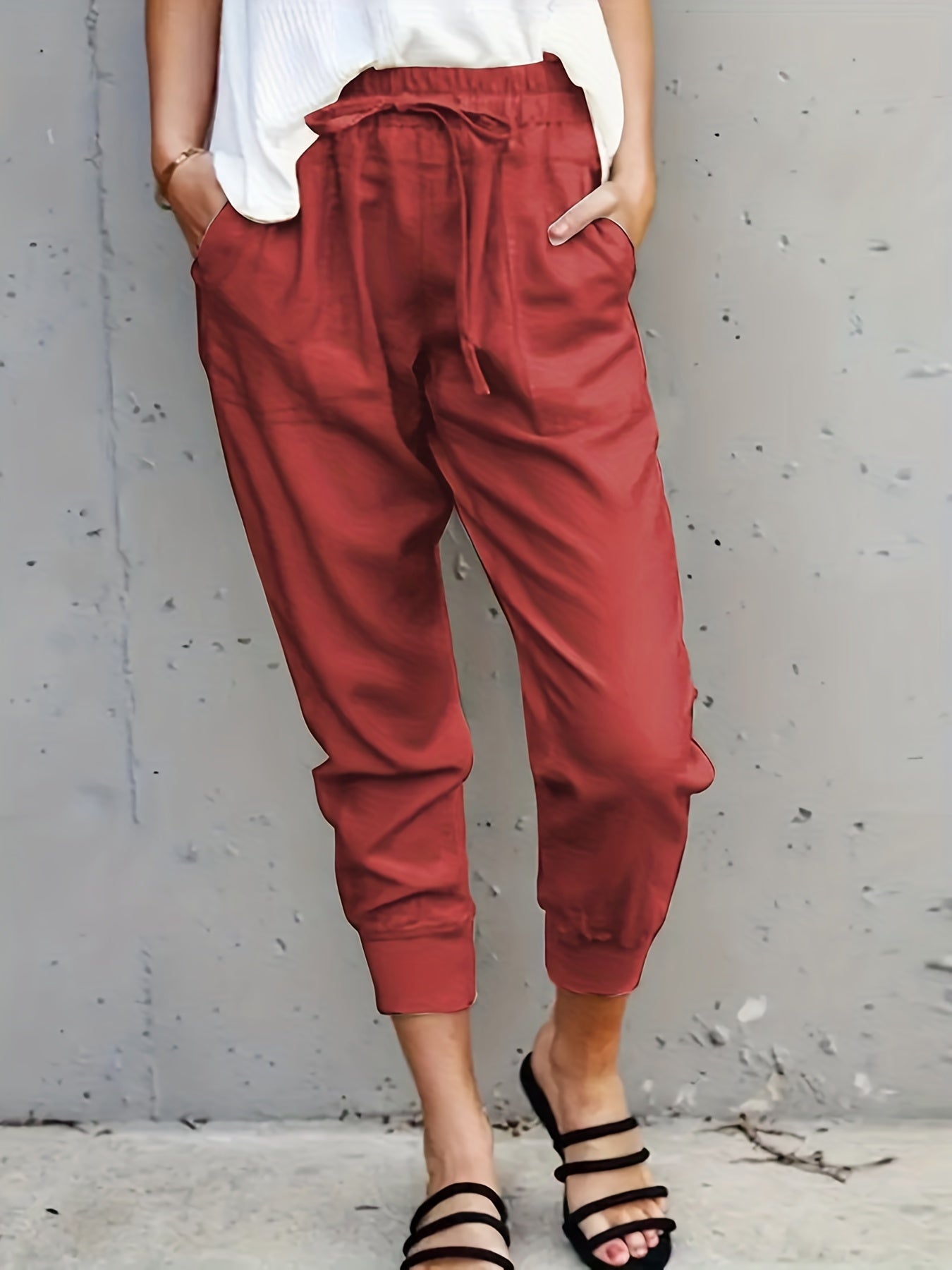 Antmvs Minimalist Drawstring Waist Pants, Solid Casual Pants For Spring & Summer, Women's Clothing