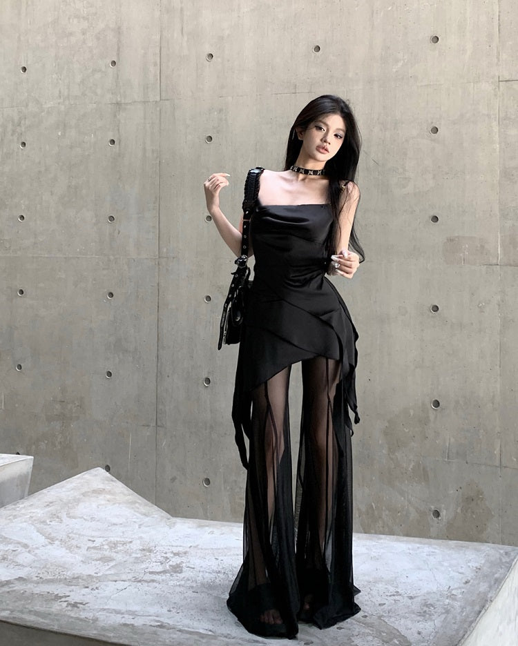 Antmvs Vienna Solid Color Black Spaghetti Strap Pleated Square Neck Asymmetrical Top + High Waist Patchwork Long Sheer Skirt Pants Matching Set