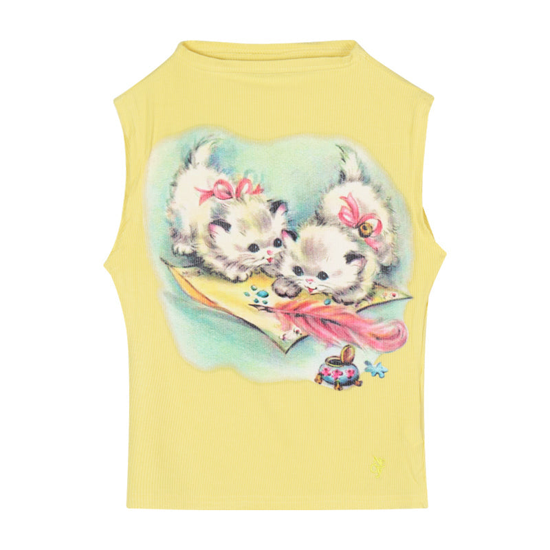 Antmvs Willa Solid Color Graphic Cat Image Print Slim Summer Cropped Top