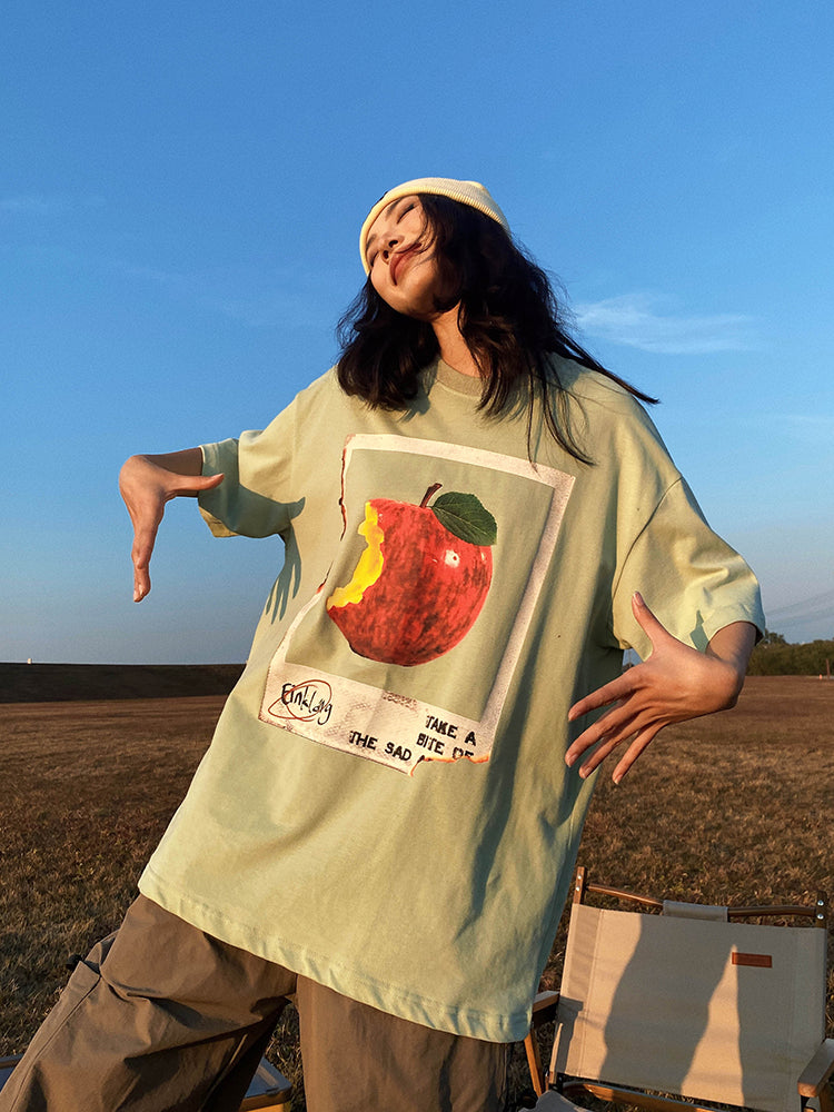 Antmvs Oula Vintage Apple Print Short Sleeve Baggy T-shirt Top