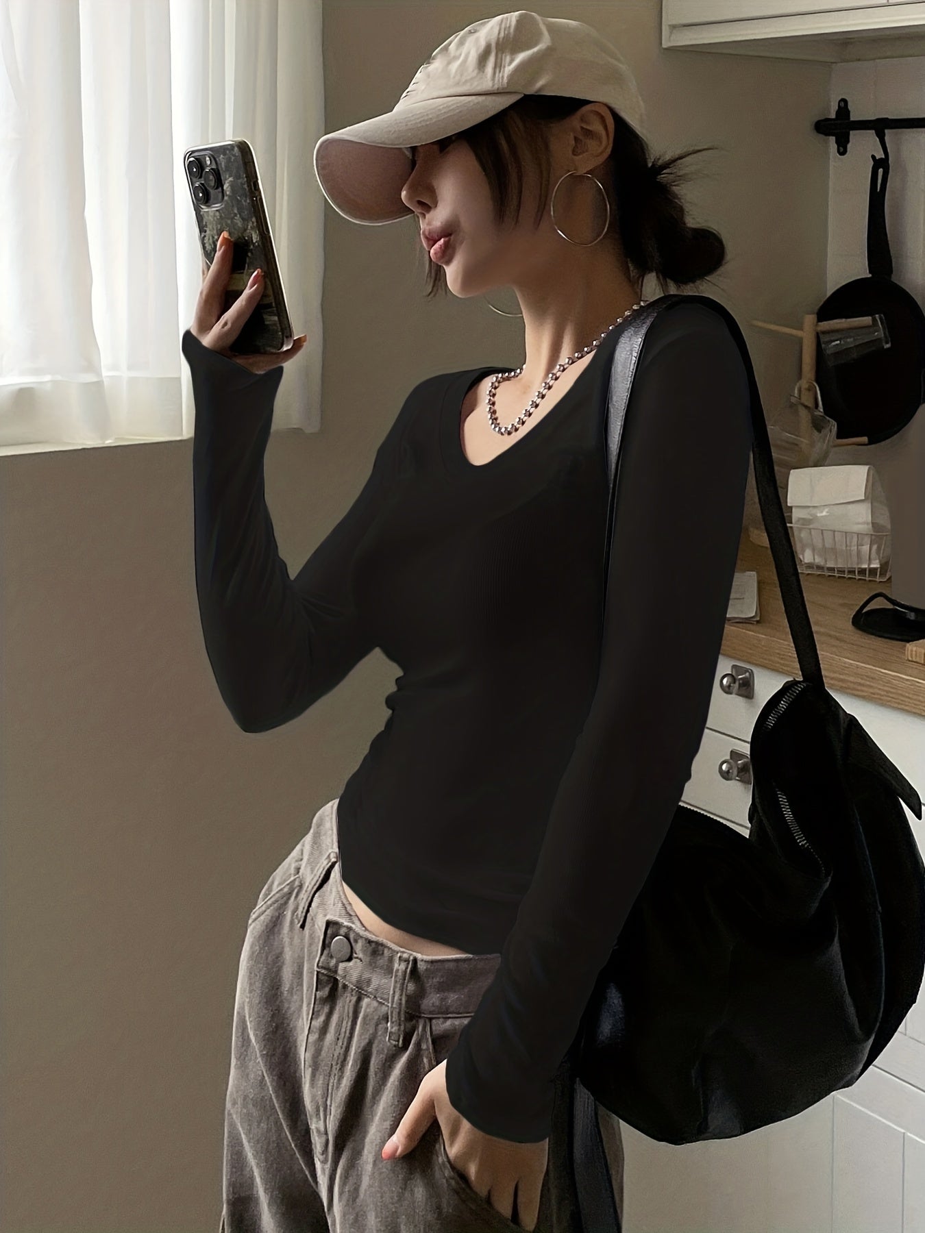 Antmvs Versatile Solid Crew Neck Skinny T-Shirt, Casual Long Sleeve T-Shirt For Spring & Fall, Women's Clothing